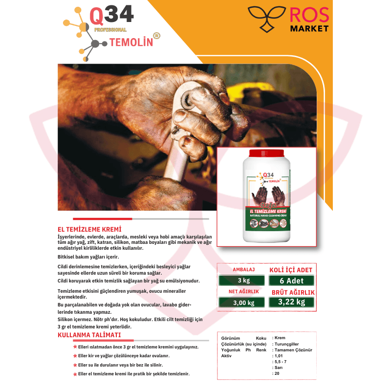 Q 34 TEMOLİN EL TEMİZLEME KREMİ - 3 KG