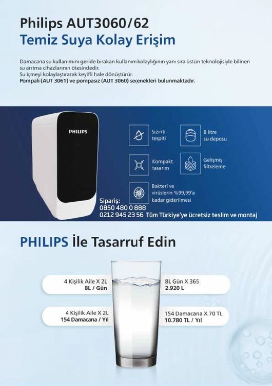Philips AUT3060/62 Pompasız Su Arıtma Cihazı, Tüm Türkiye'ye ücretsiz montaj ve teslimat hizmeti