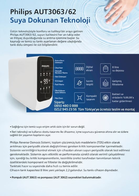 Philips AUT3063/62 Pompalı Digital Su Arıtma Cihazı - Philips Filtreli Sürahi HEDİYELİ
