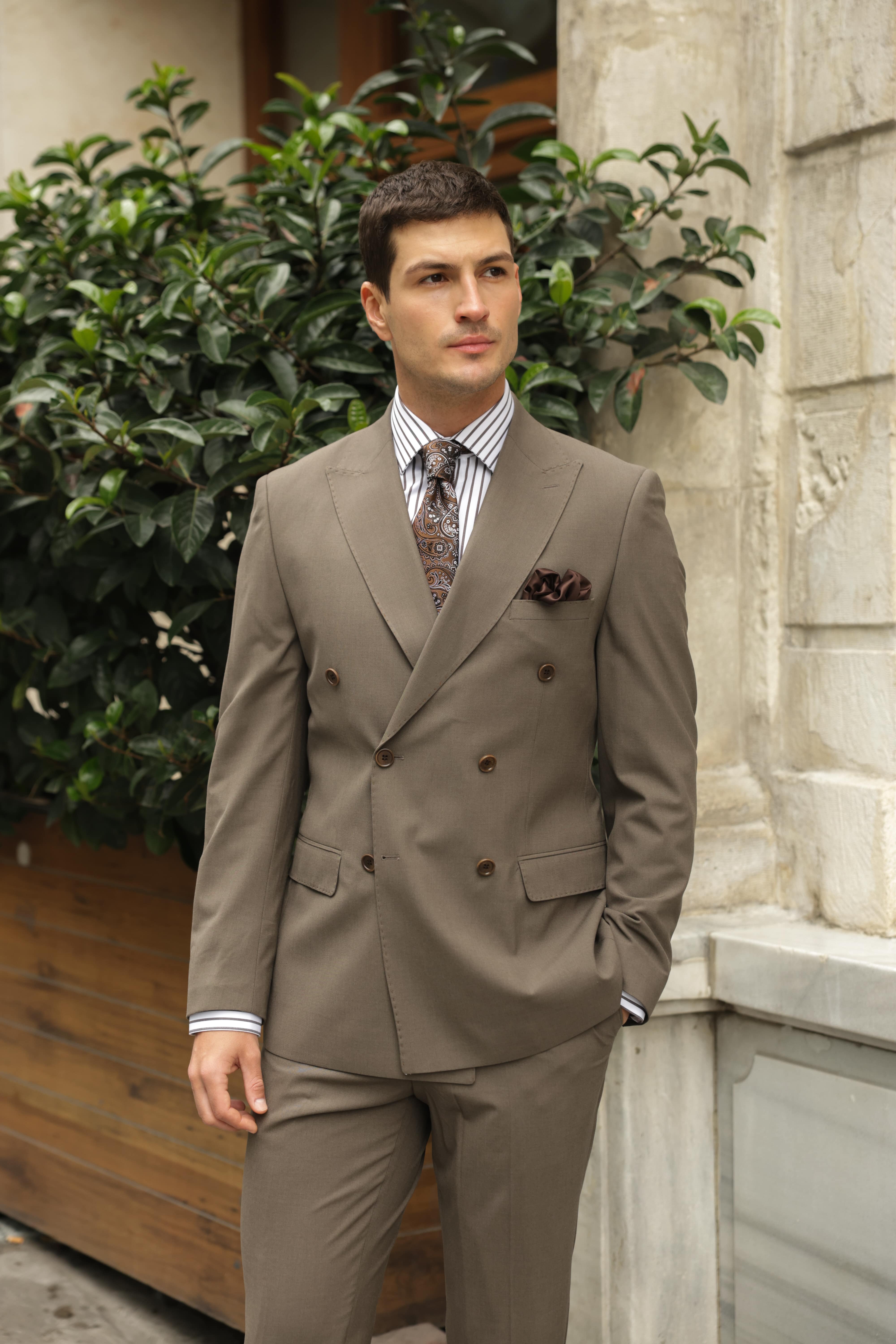 Erkek Açık Kahverengi Kruvaze Takım Elbise