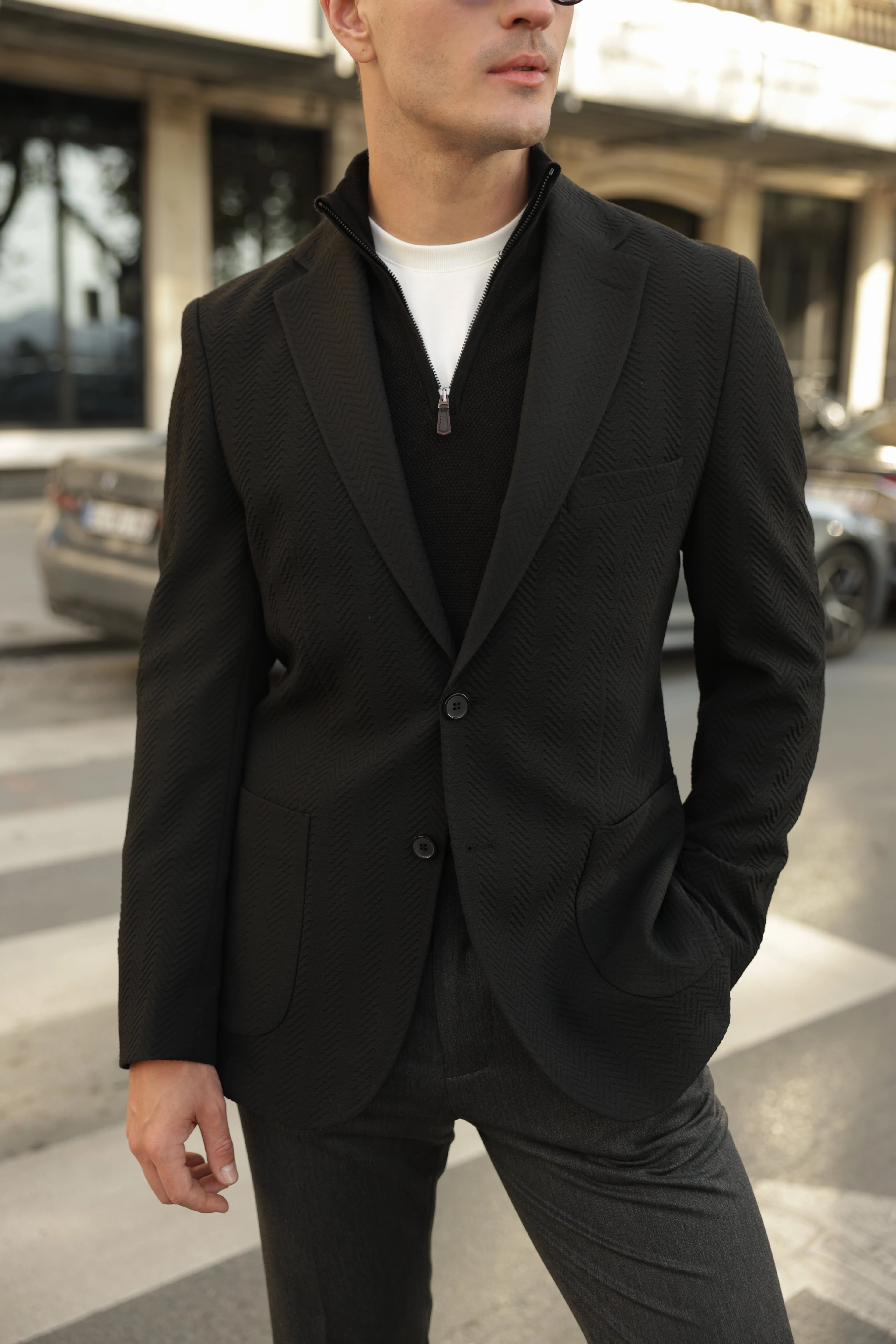 Erkek Siyah Gofre Dokulu Ceket 