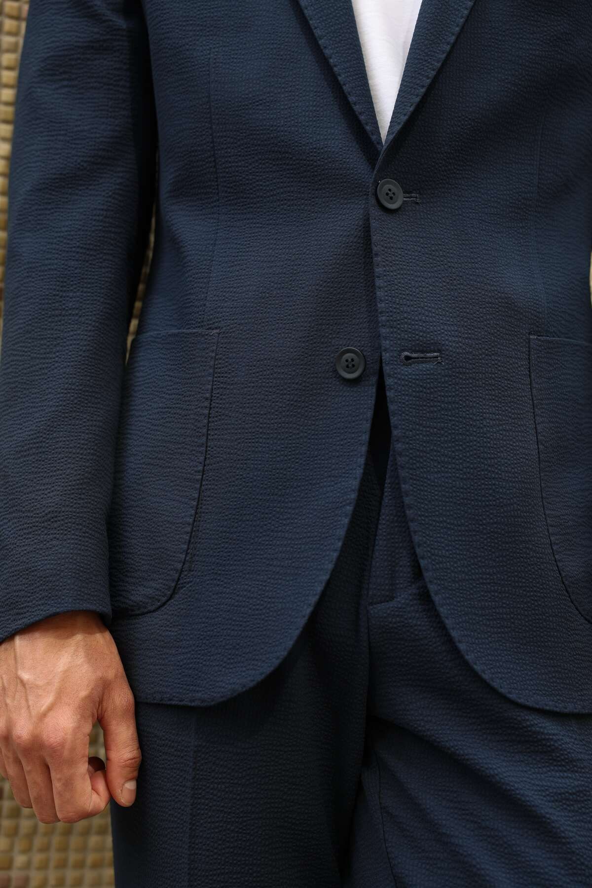 Erkek Lacivert Gofre Dokulu Takım Elbise