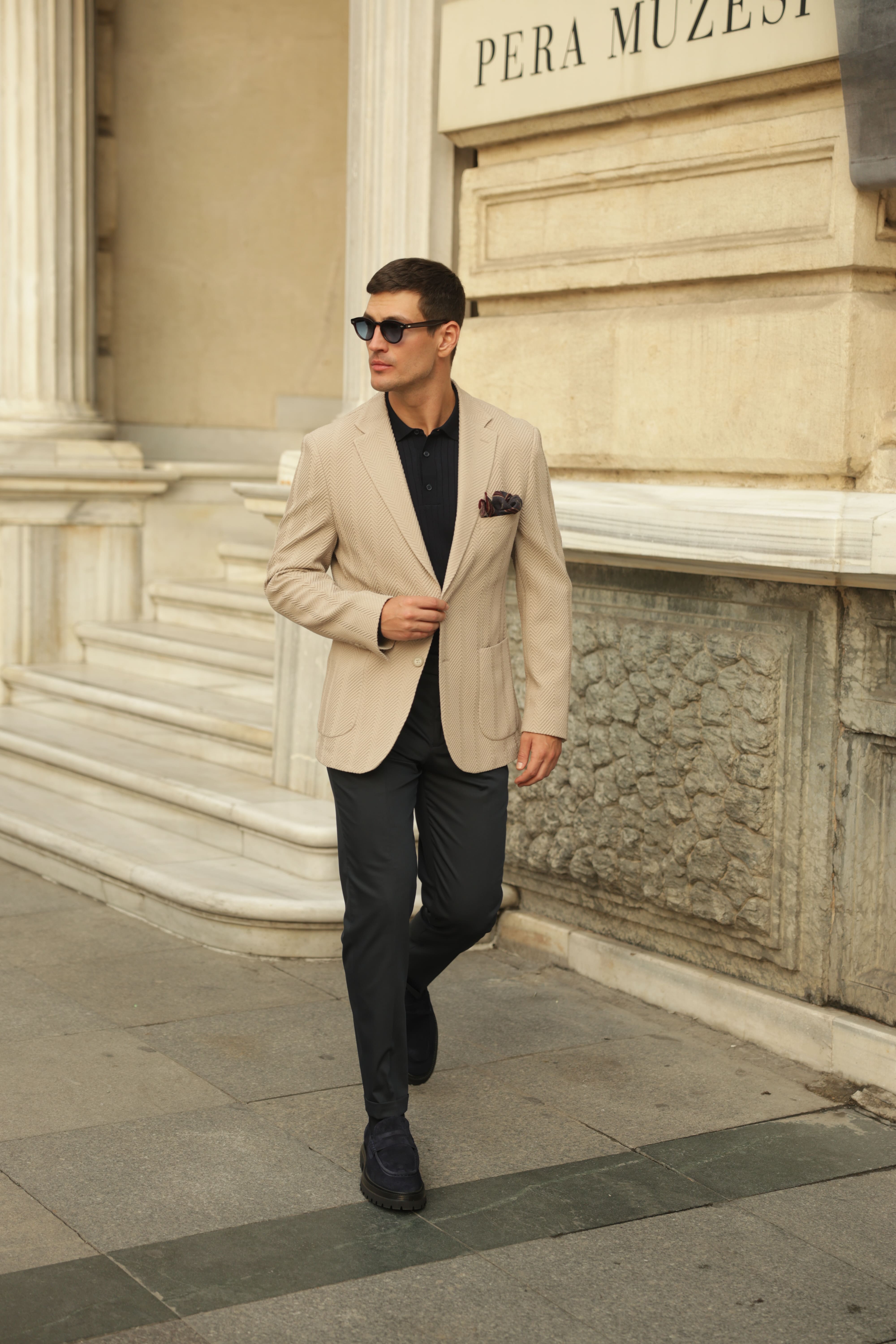 Erkek Krem Gofre Dokulu Ceket