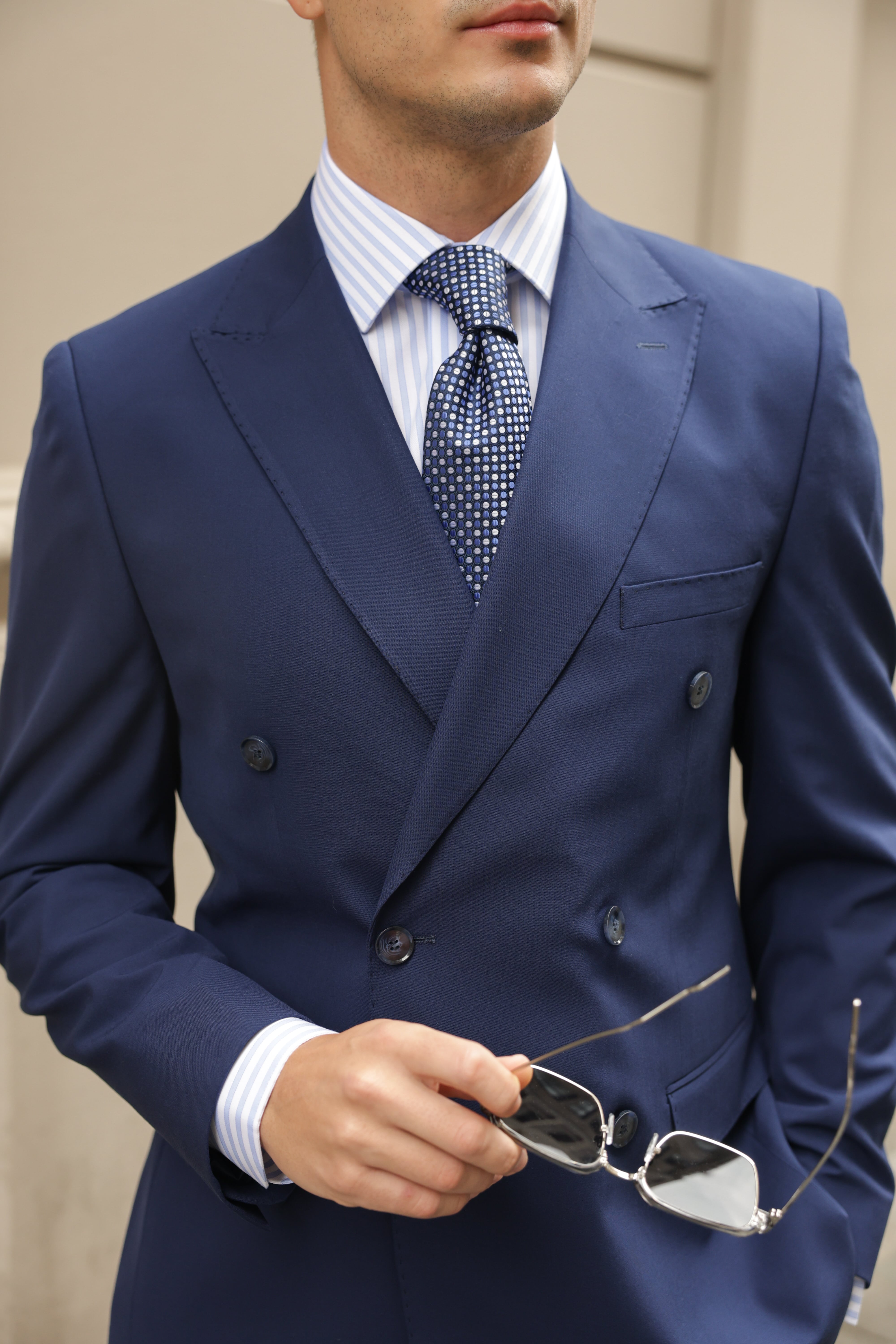 Erkek Lacivert Düz Kruvaze Takım Elbise