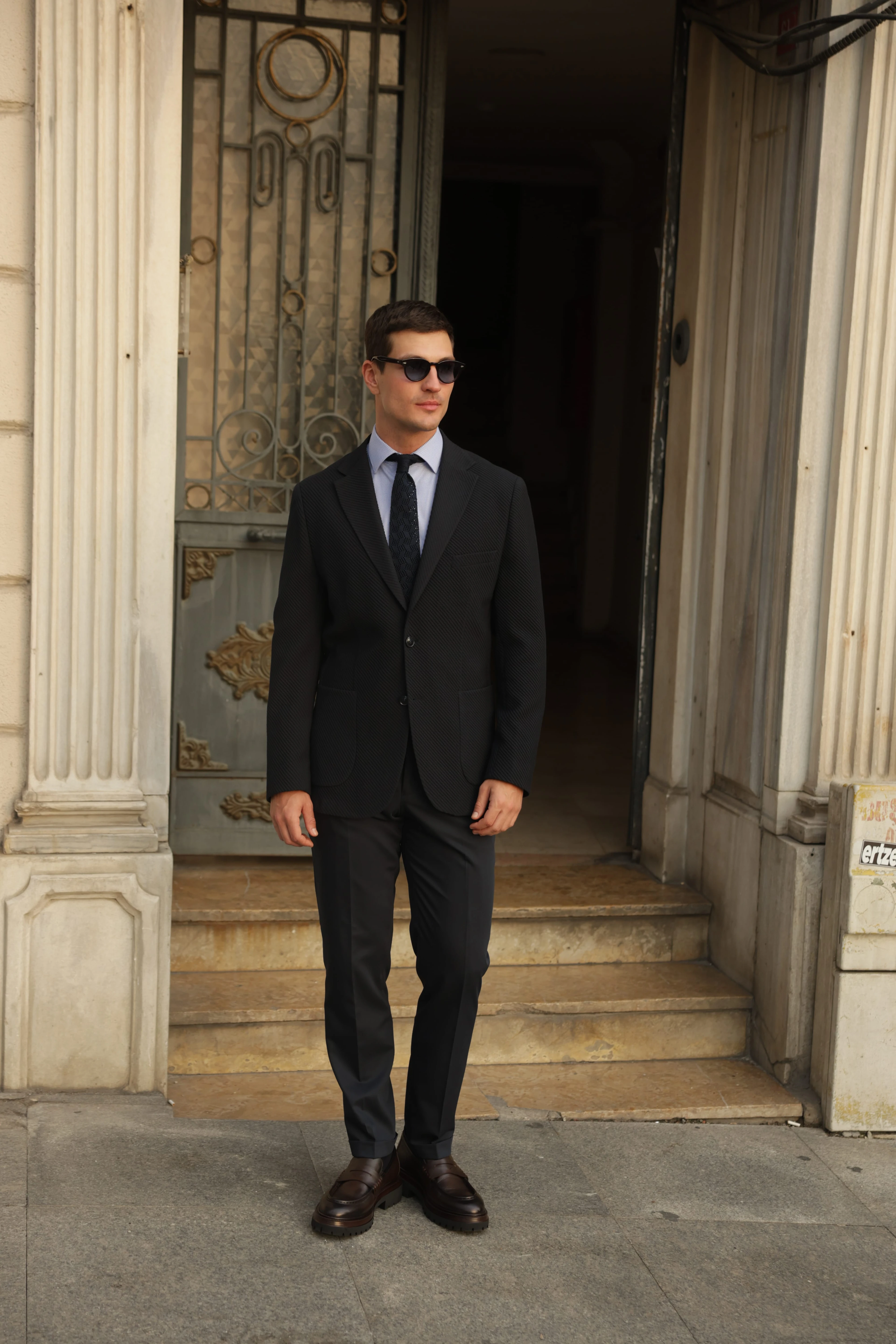 Erkek Lacivert Gofre Dokulu Ceket 