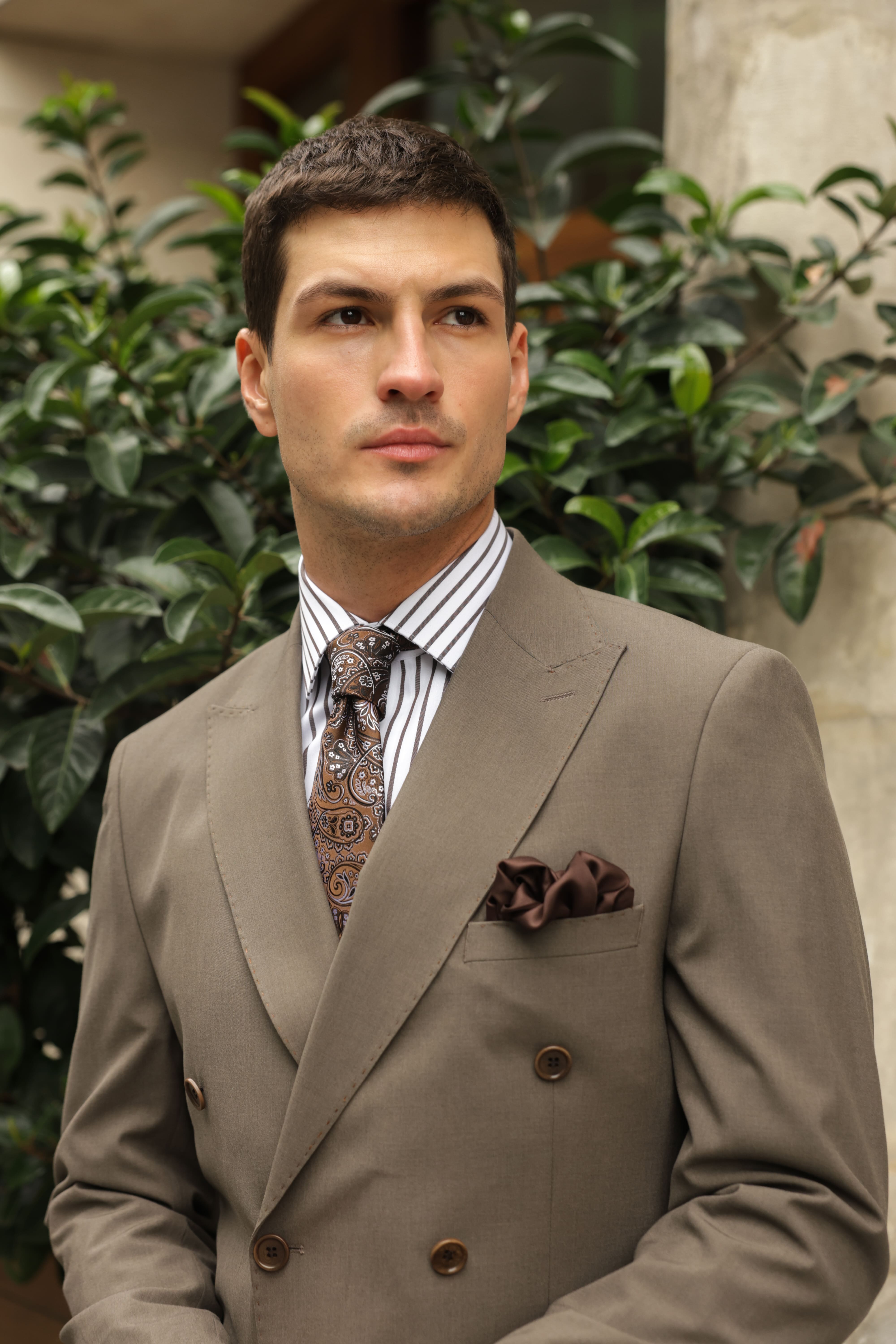 Erkek Açık Kahverengi Kruvaze Takım Elbise