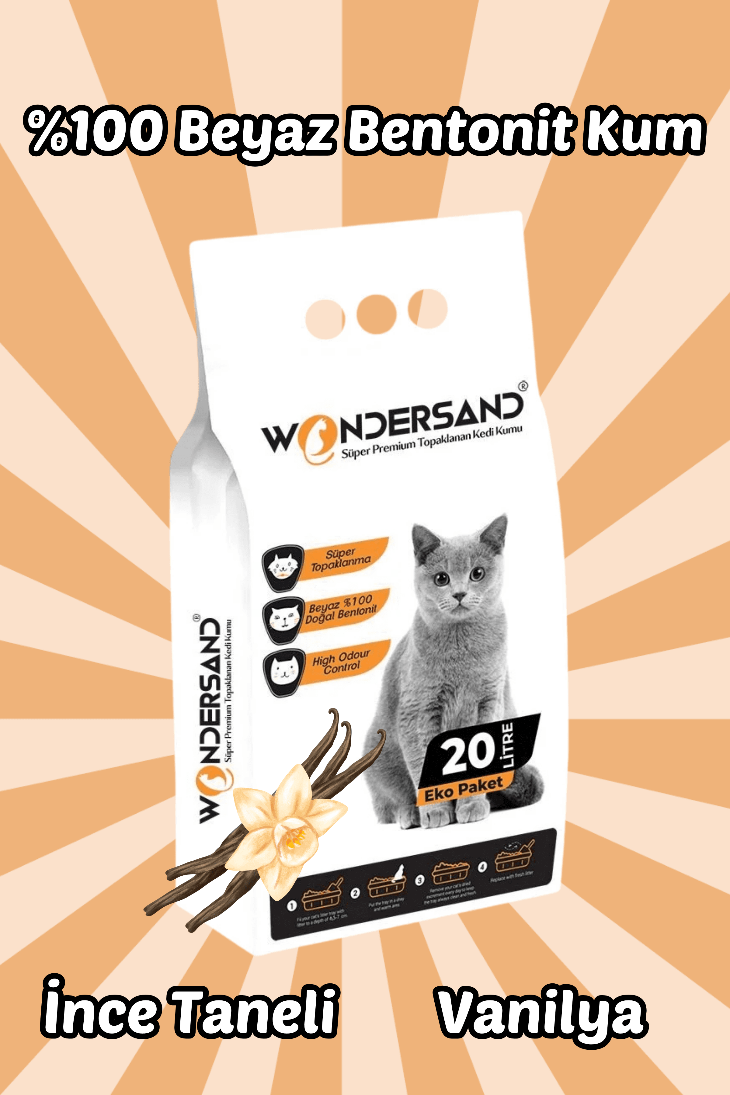 Wondersand 20 Lt Beyaz Bentonit İnce Tane Vanilya Kokulu Süper Topaklanan Premium Kedi Kumu