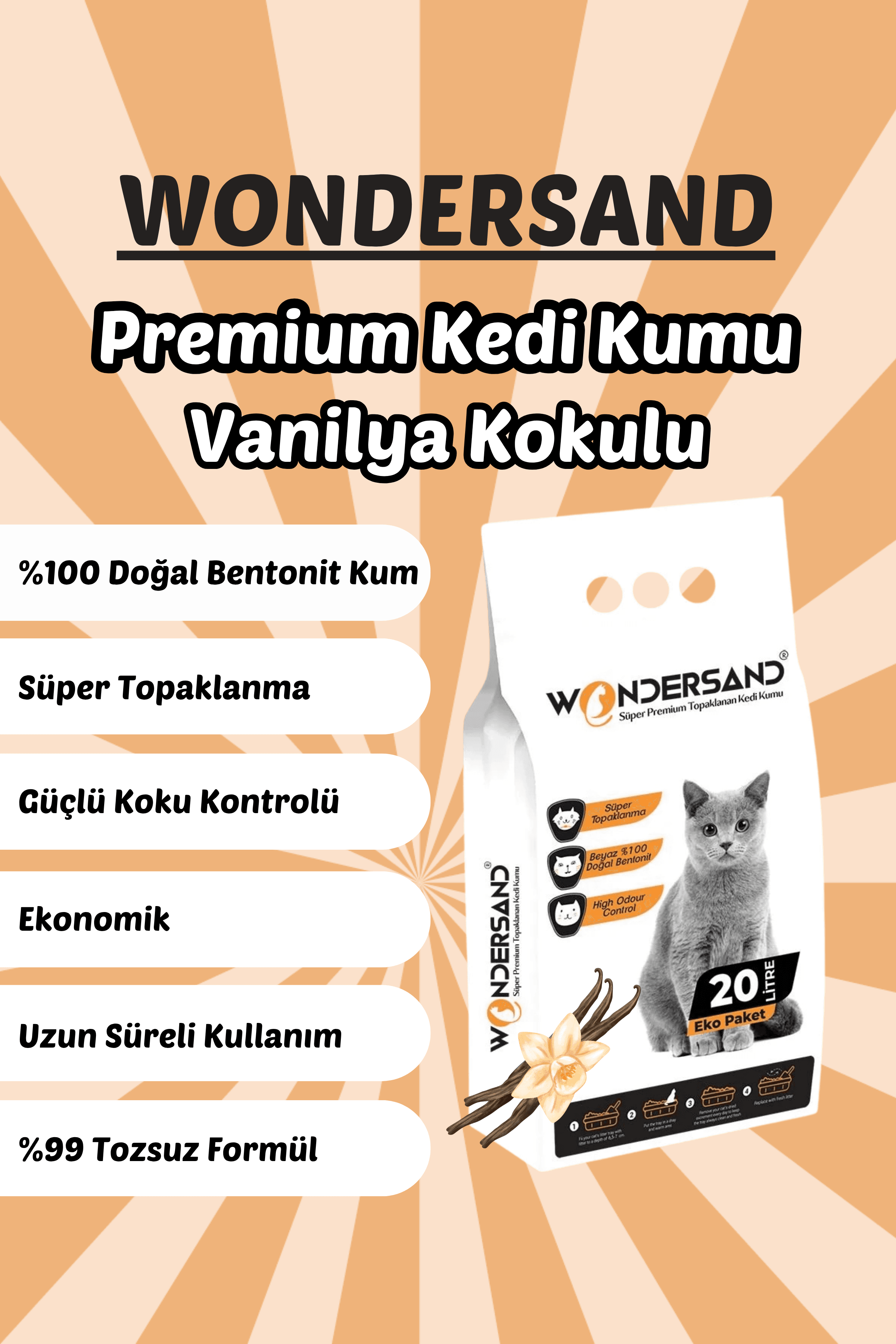 Wondersand 20 Lt Beyaz Bentonit İnce Tane Vanilya Kokulu Süper Topaklanan Premium Kedi Kumu