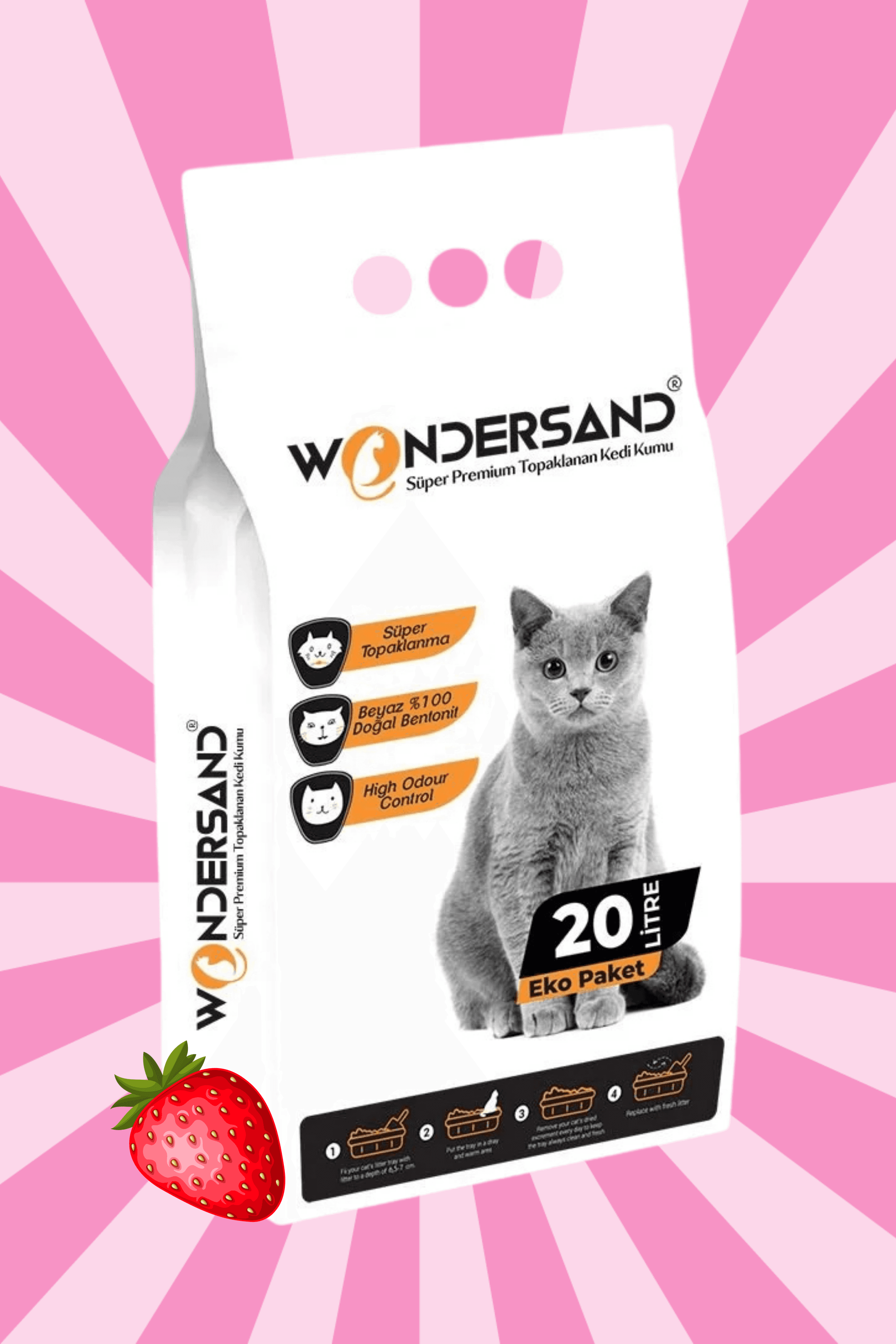 Wondersand 20 Lt Beyaz Bentonit İnce Tane ÇİLEK Kokulu Süper Topaklanan Premium Kedi Kumu