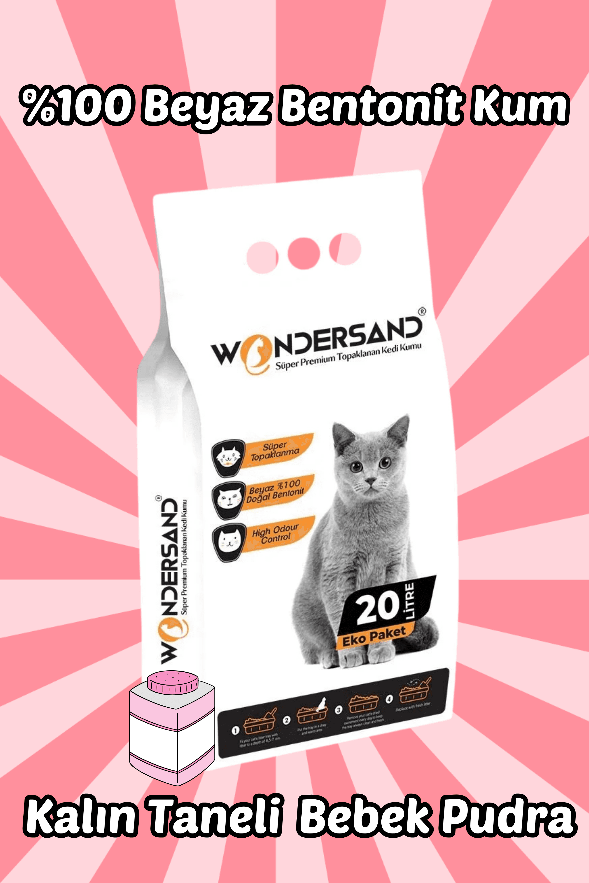 Wondersand 20 Lt Beyaz Bentonit KALIN Tane Pudra Kokulu Süper Topaklanan Premium Kedi Kumu