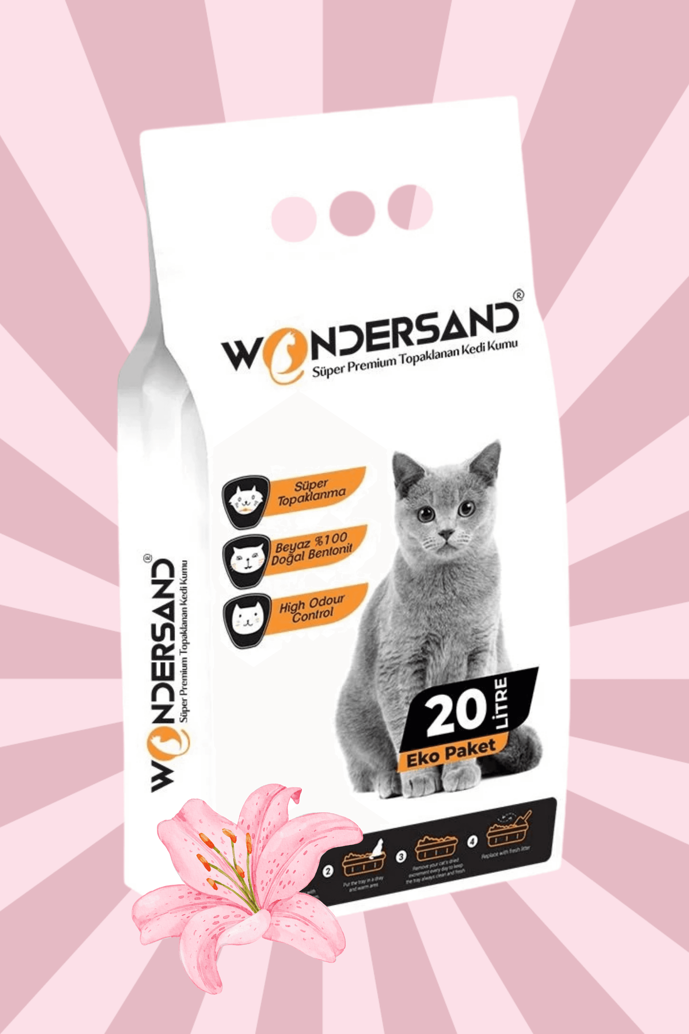 Wondersand 20 Lt Beyaz Bentonit İnce Tane Çiçek Kokulu Süper Topaklanan Premium Kedi Kumu