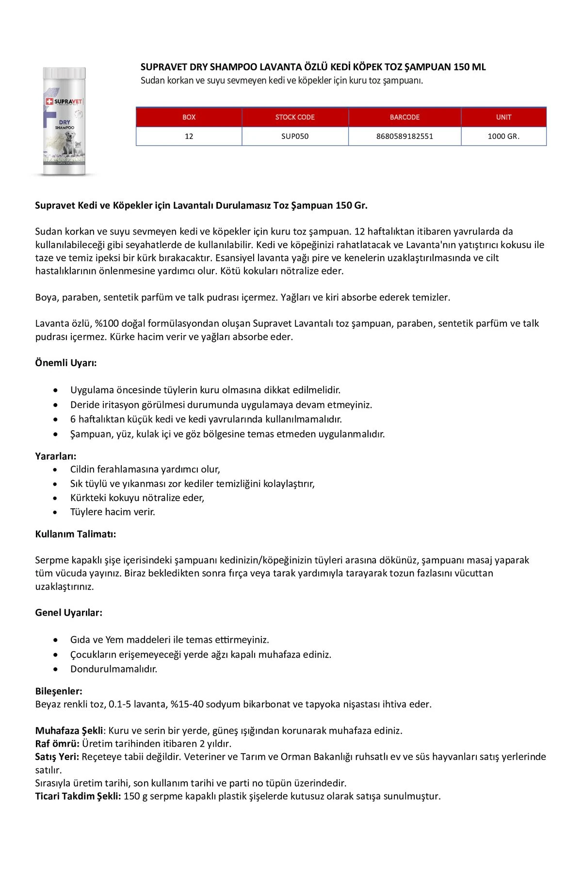 Supravet Dry Shampoo Lavanta Özlü Kedi Köpek Toz Şampuan 150 Ml