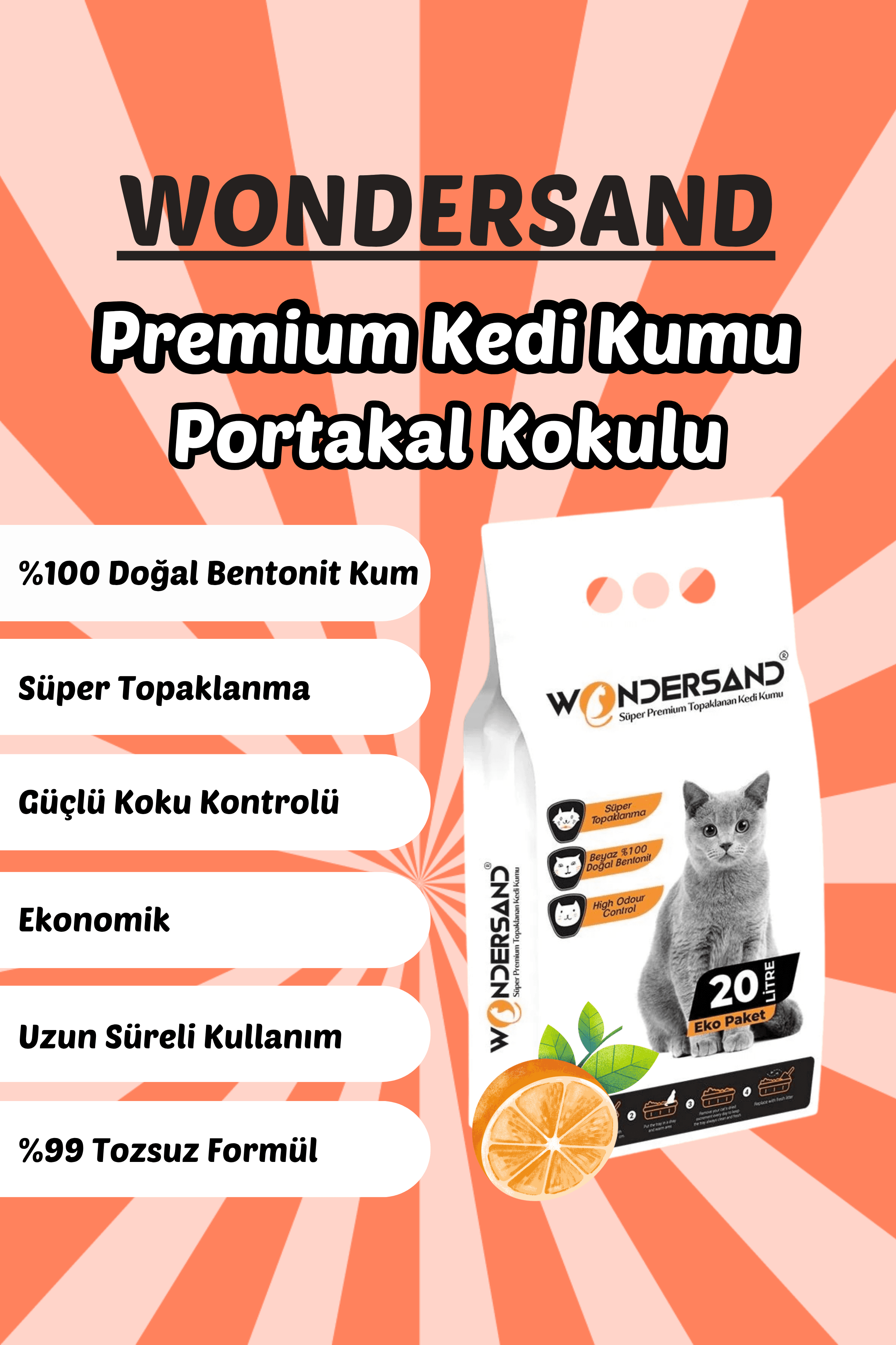 Wondersand 20 Lt Beyaz Bentonit İnce Tane Portakal Kokulu Süper Topaklanan Premium Kedi Kumu