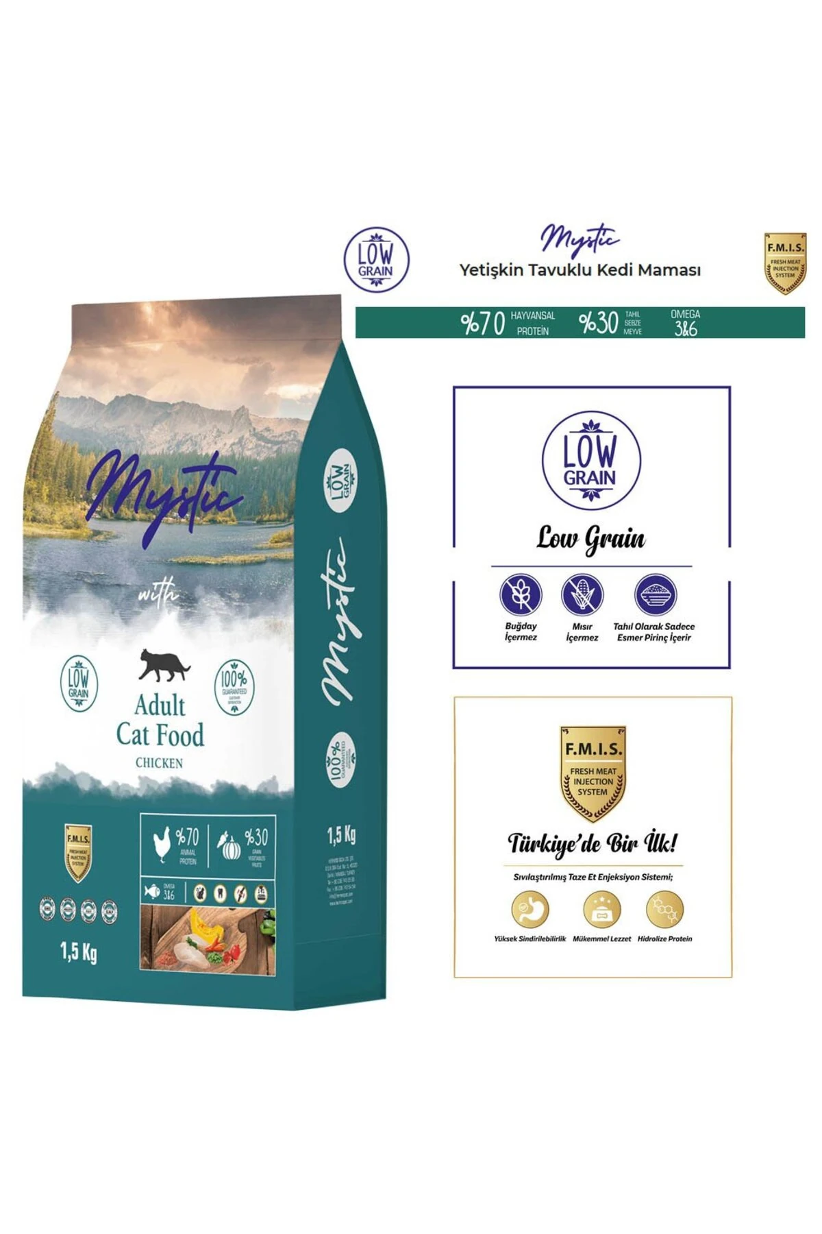 Mystic Az Tahıllı Yetişkin Kedi Maması Tavuklu 1,5 Kg