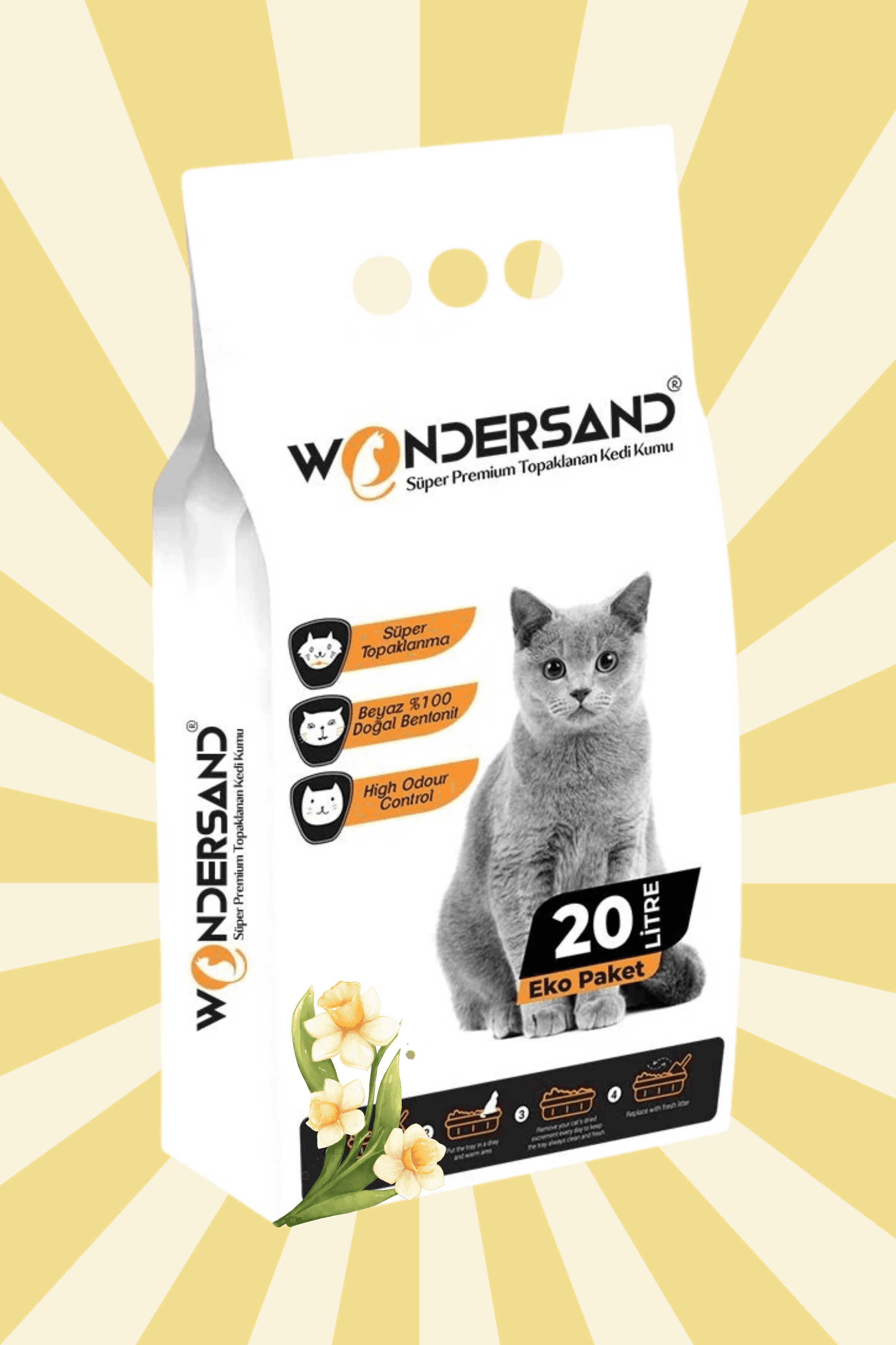 Wondersand 20 Lt Beyaz Bentonit İnce Tane FULYA Kokulu Süper Topaklanan Premium Kedi Kumu