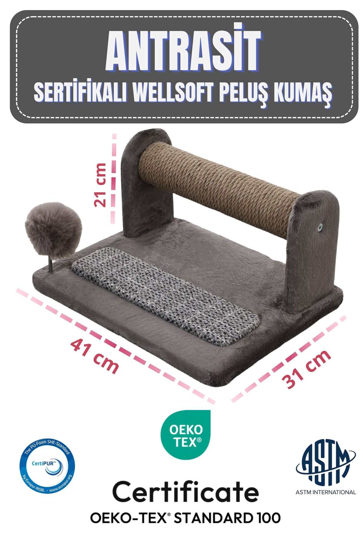 Woolart Jimmy Lüks Kaliteli Kedi Tırmalama Tahtası ve Ponponlu Oyuncak Gri