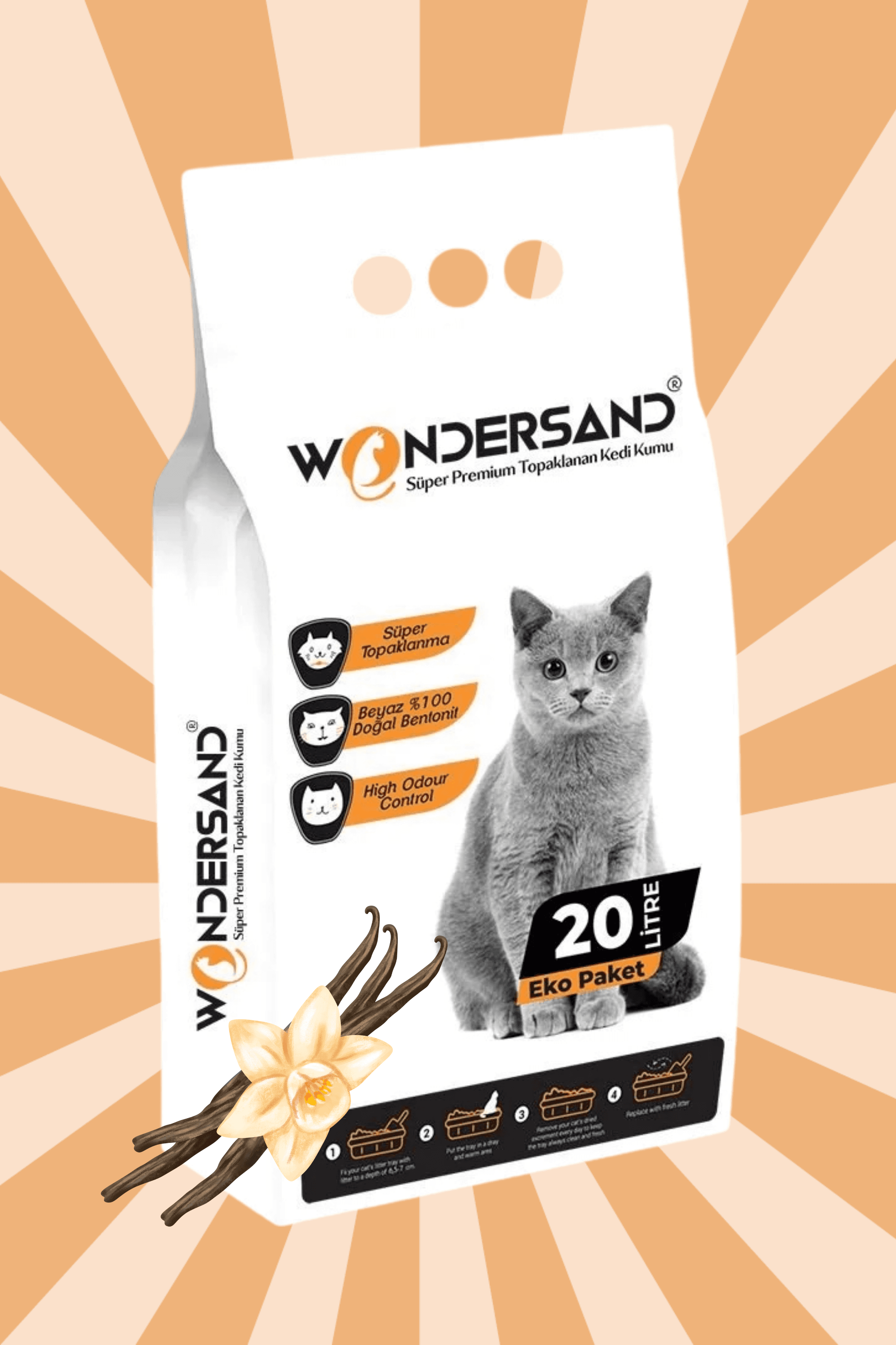 Wondersand 20 Lt Beyaz Bentonit İnce Tane Vanilya Kokulu Süper Topaklanan Premium Kedi Kumu