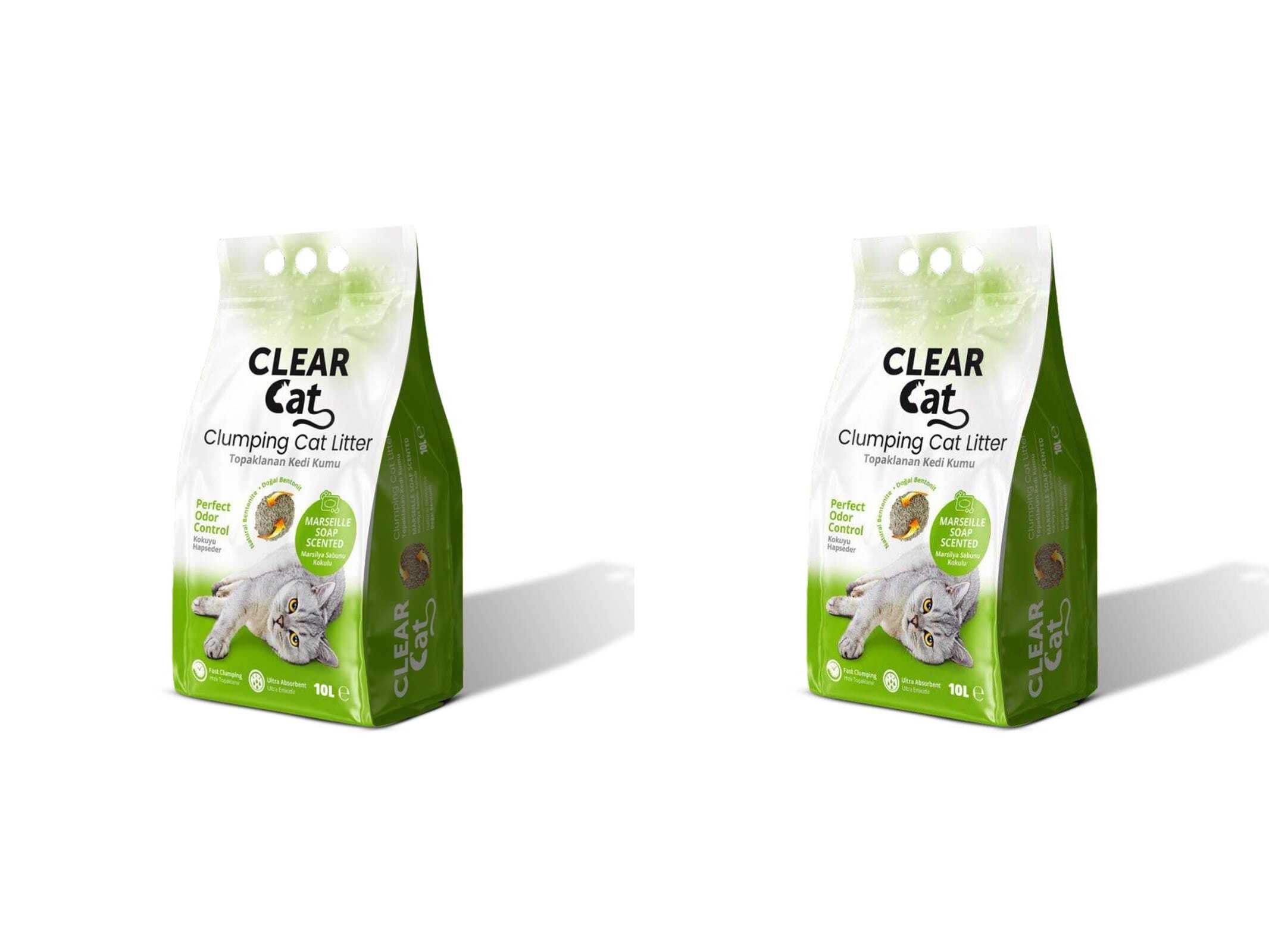 Clearcat Marsilya Sabun Kokulu Bentonit Doğal Topaklaşan Kedi Kumu 10 Lt X 2 Adet