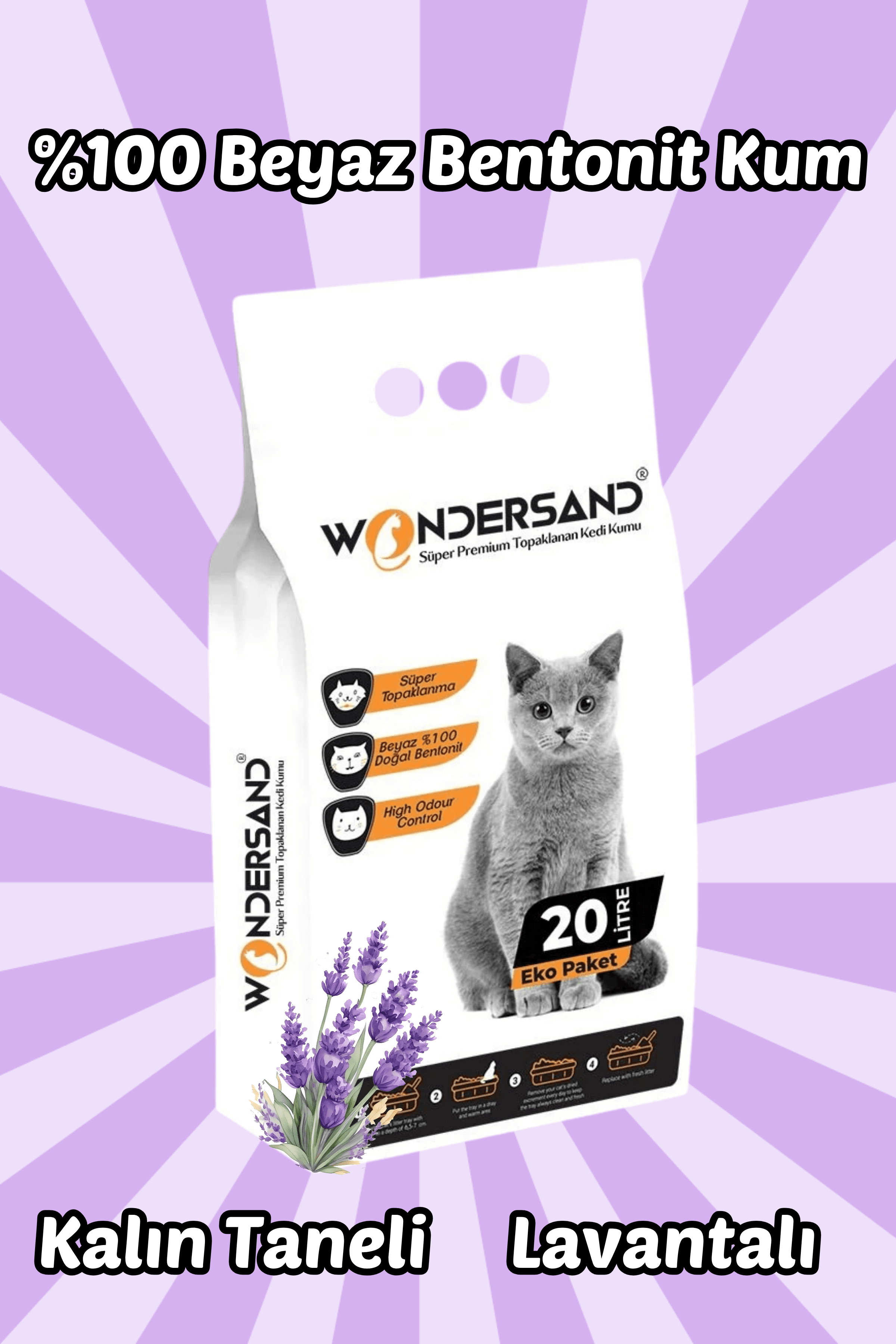 Wondersand 20 Lt Beyaz Bentonit KALIN Tane Lavanta Kokulu Süper Topaklanan Premium Kedi Kumu