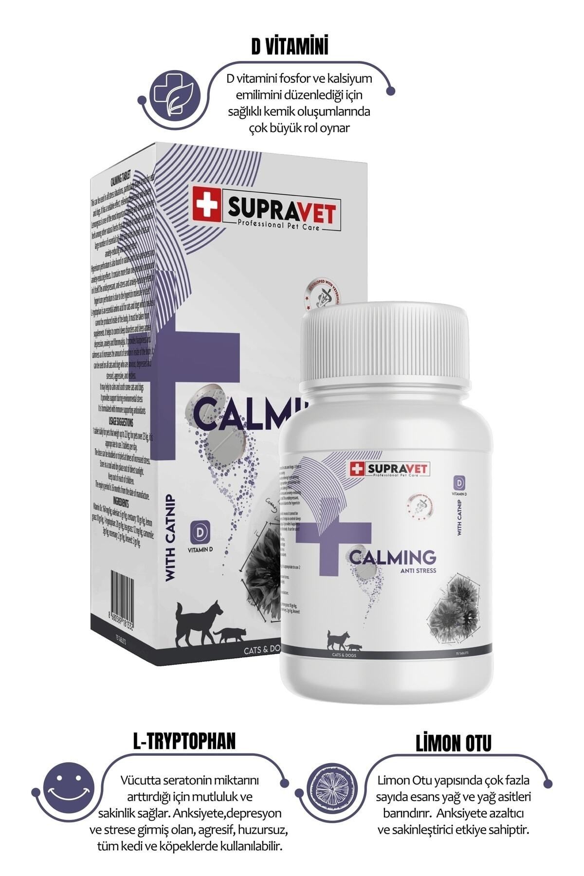 Supravet Kedi Köpekler Sakinleştirici Calming Tablet + Vitamin D 75 Tablet