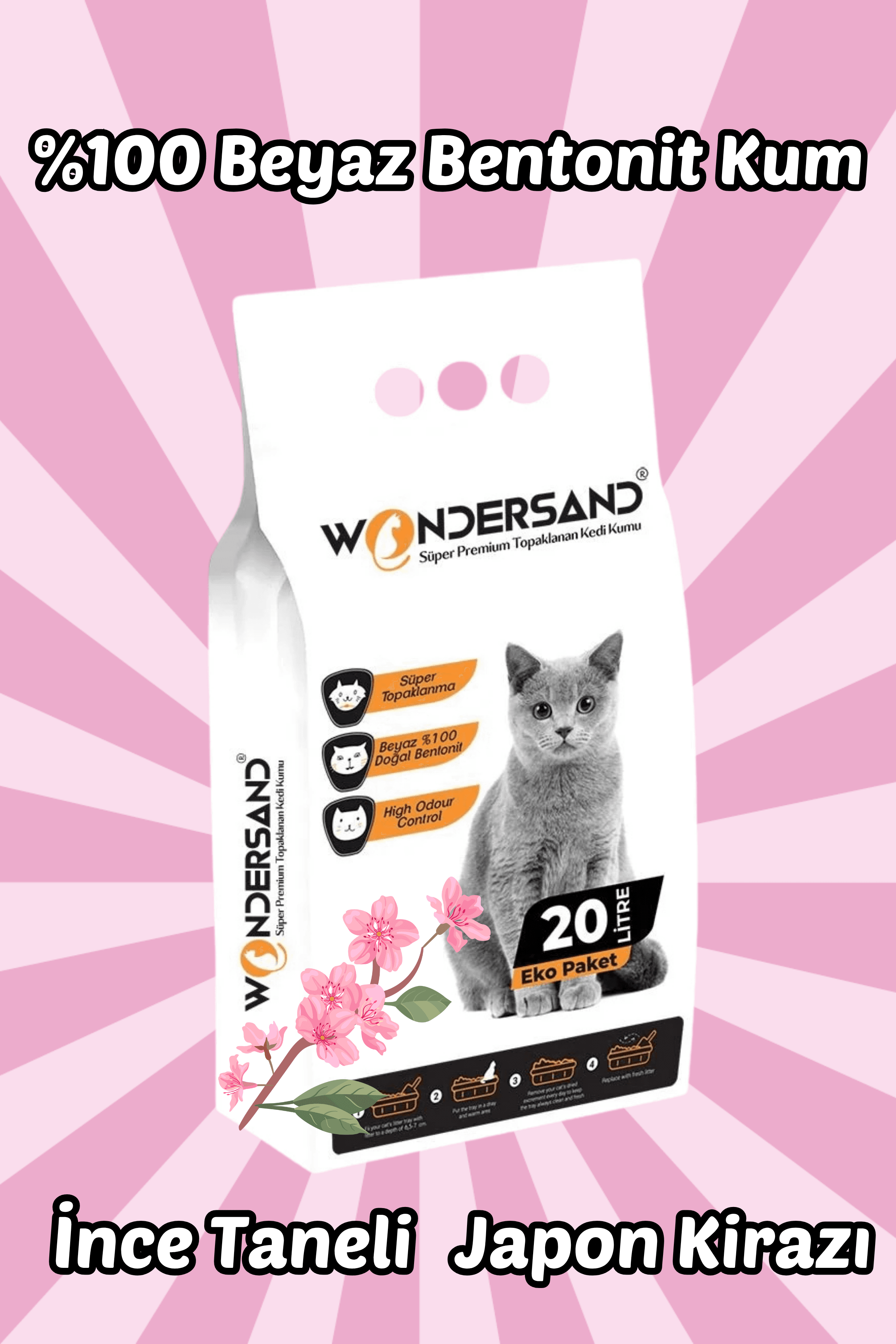 Wondersand 20 Lt Beyaz Bentonit İnce Tane JAPON KİRAZI Kokulu Süper Topaklanan Premium Kedi Kumu