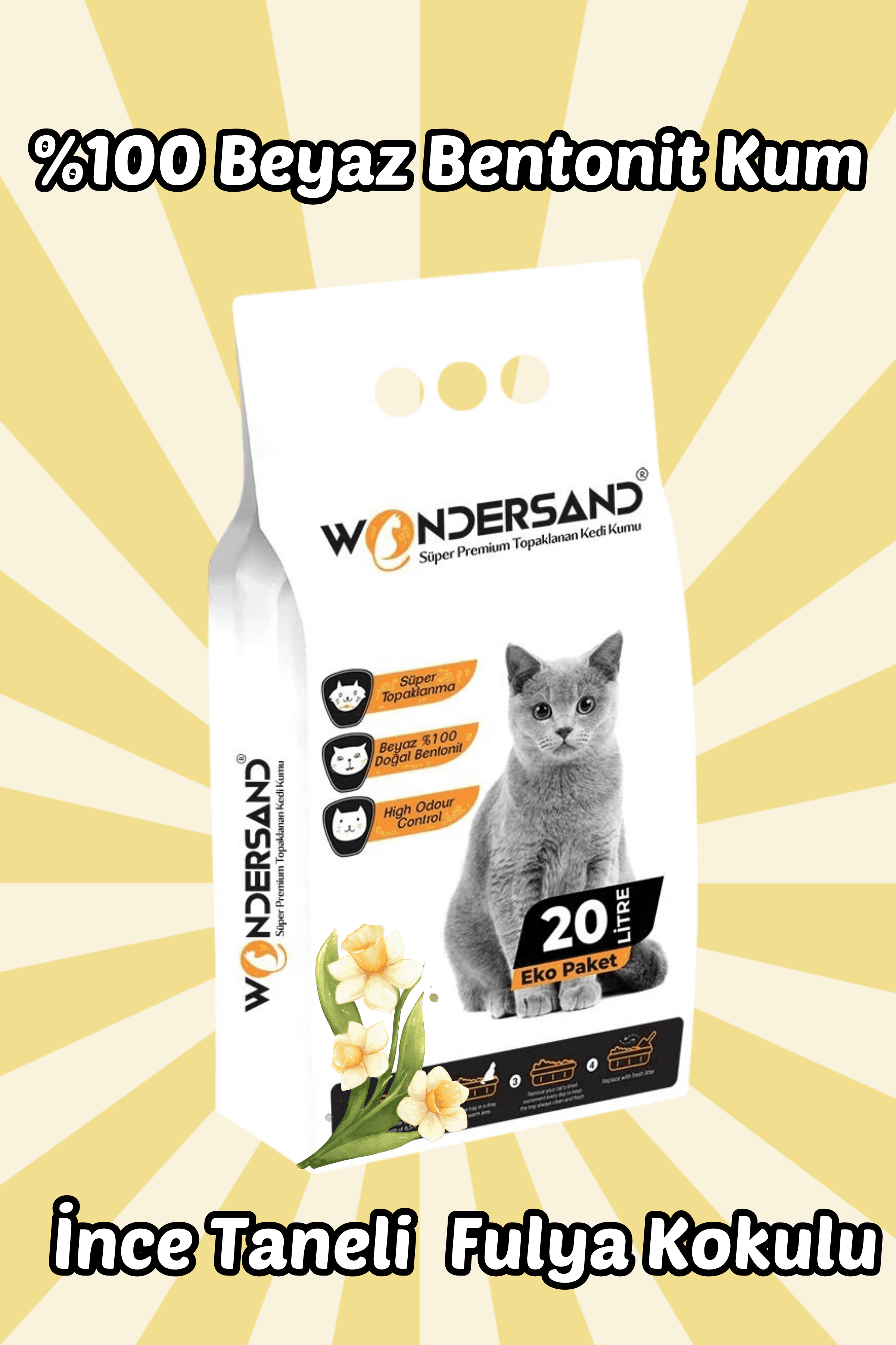 Wondersand 20 Lt Beyaz Bentonit İnce Tane FULYA Kokulu Süper Topaklanan Premium Kedi Kumu