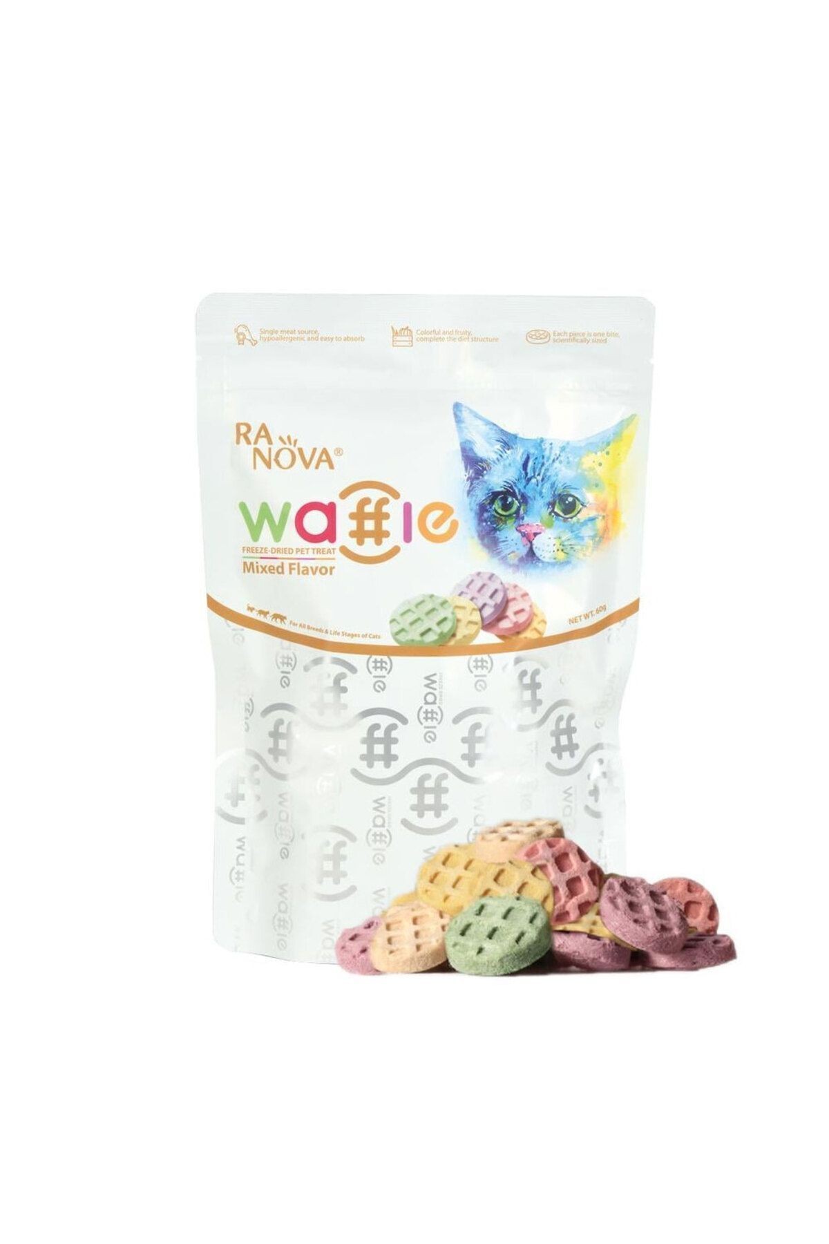 Ranova Kediler İçin Dondurularak Kurutulmuş Etli Waffle - 60g (Karışık Lezzet)