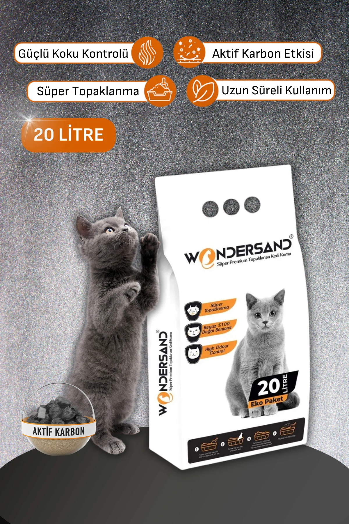 Wondersand 20 Lt İnce Tane Aktif Carbon Kokusuz Süper Topaklanan Premium Kedi Kumu