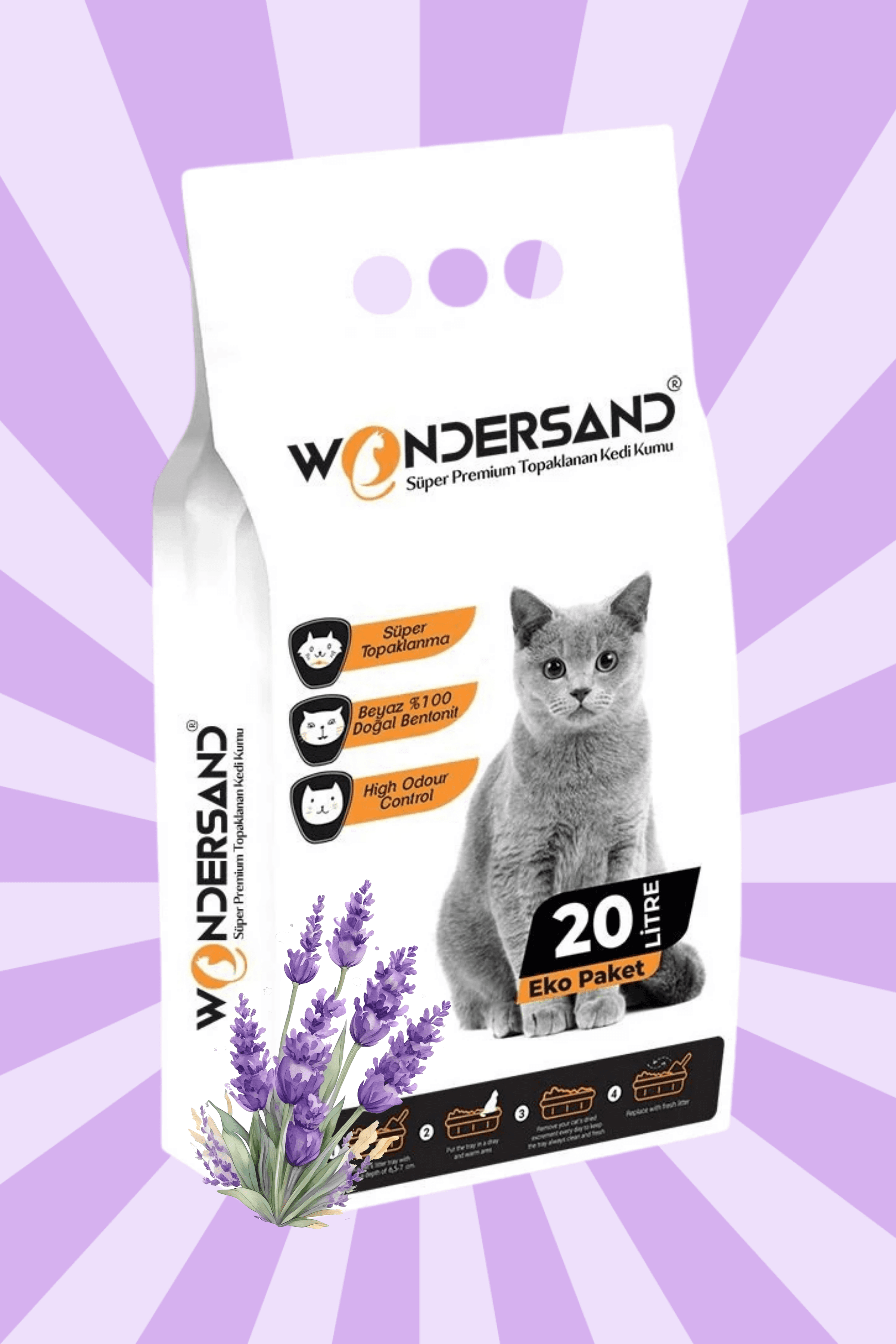 Wondersand 20 Lt Beyaz Bentonit İnce Tane Lavanta Kokulu Süper Topaklanan Premium Kedi Kumu