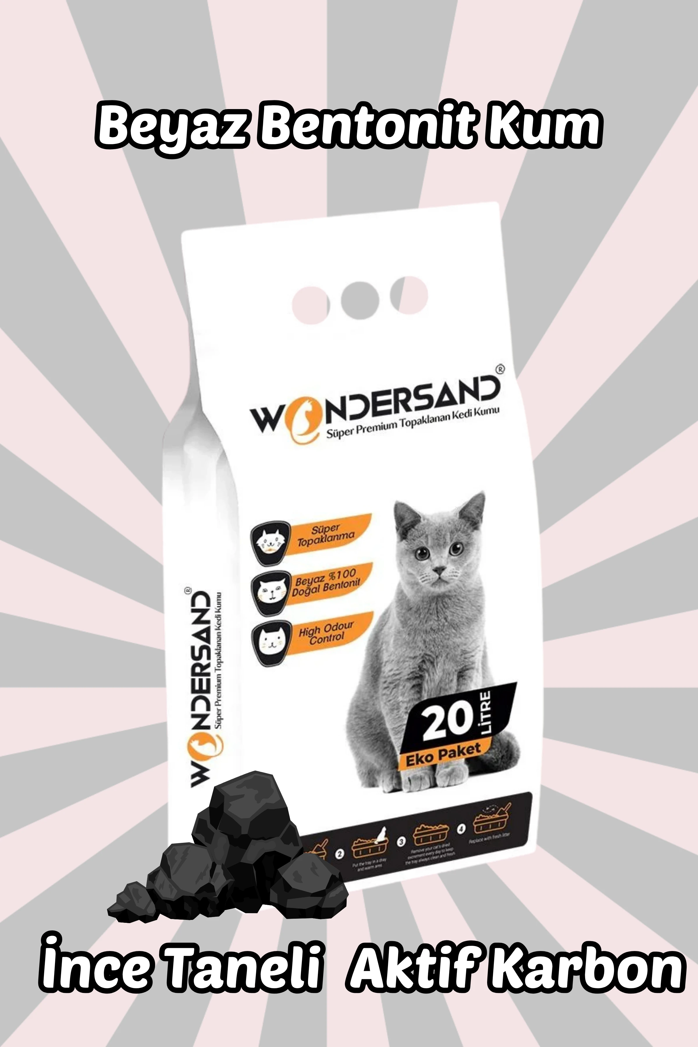 Wondersand 20 Lt İnce Tane Aktif Carbon Kokusuz Süper Topaklanan Premium Kedi Kumu