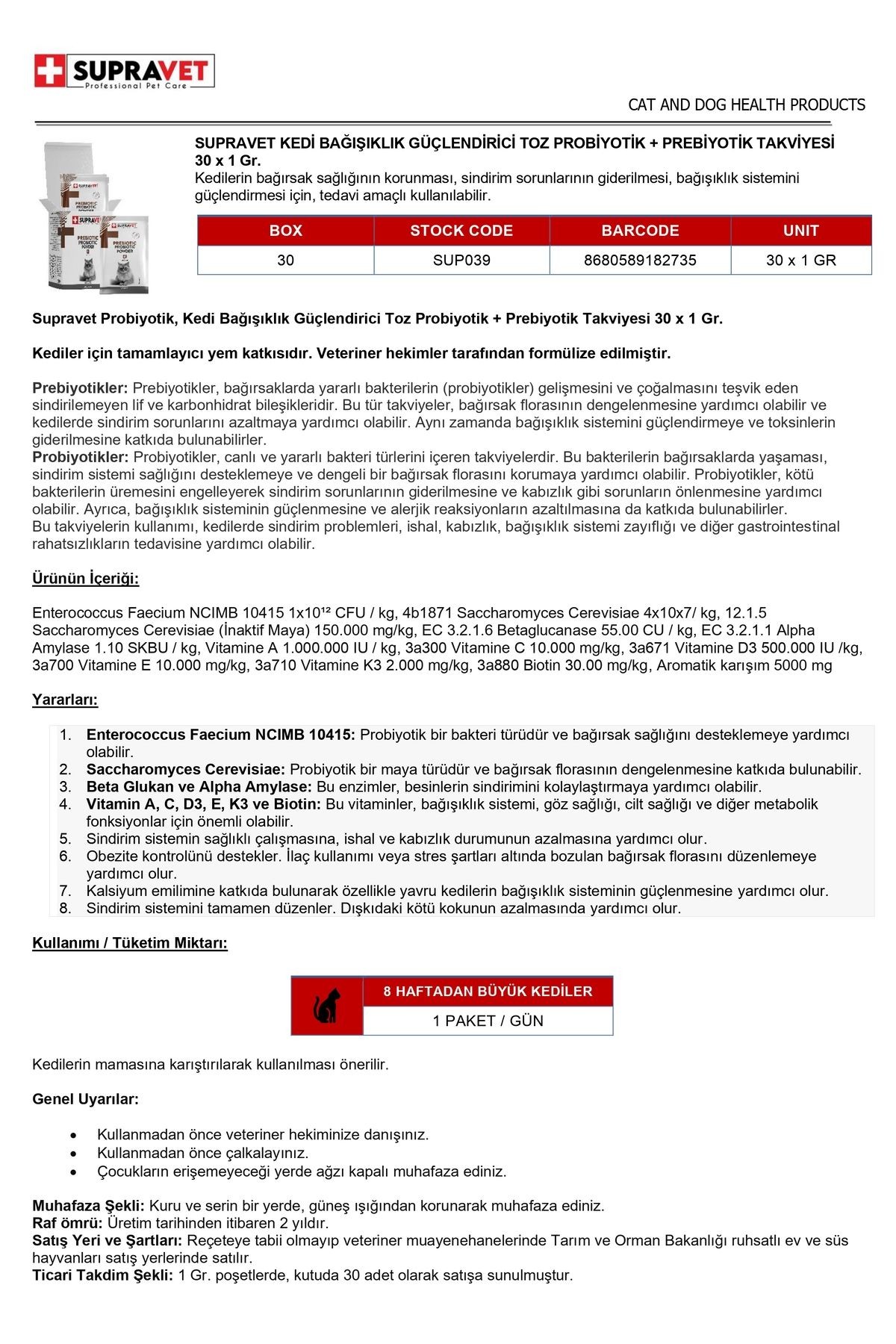 Supravet Toz Probiyotik + Prebiyotik Kedi 1.5 Gr x 30 Adet