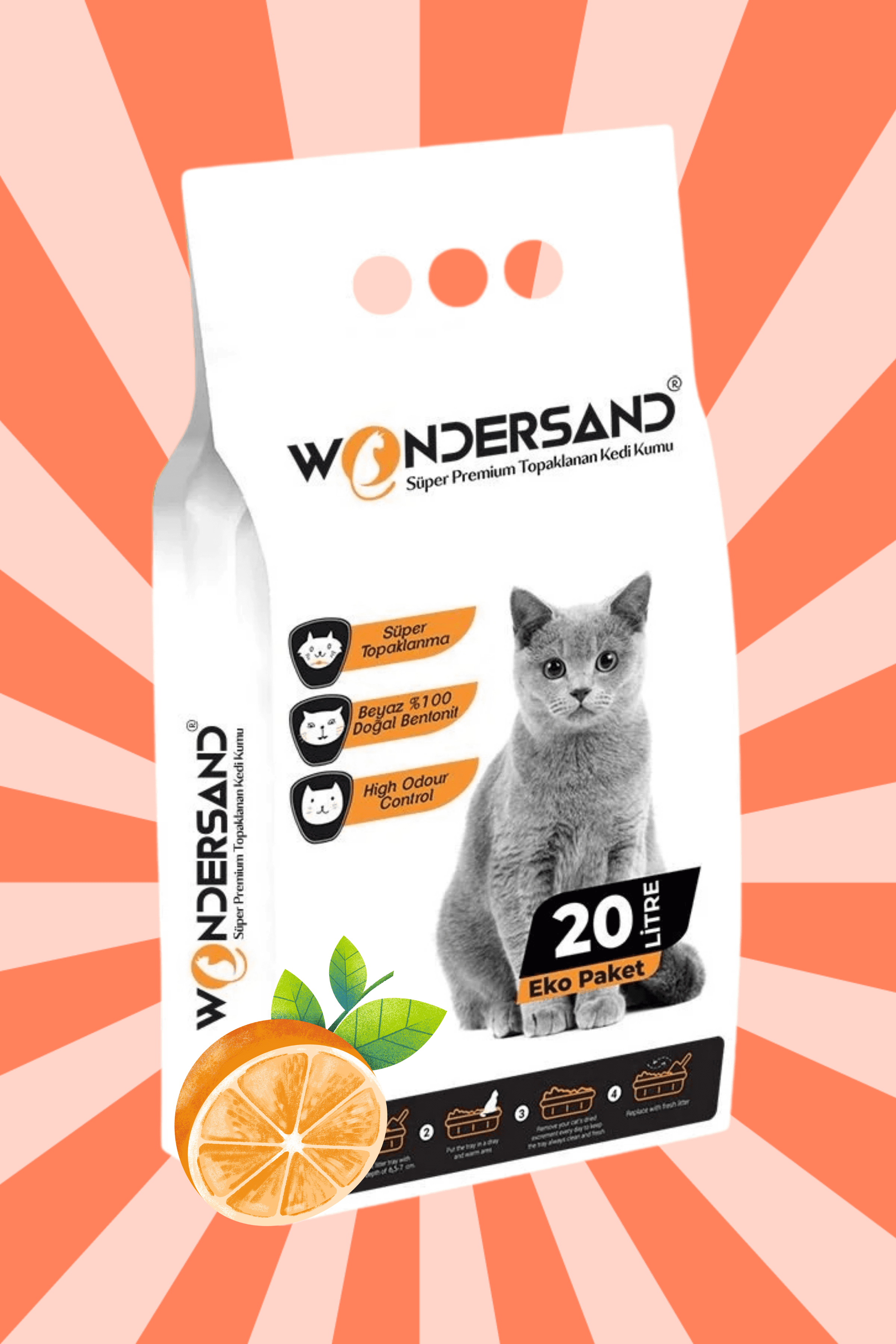 Wondersand 20 Lt Beyaz Bentonit İnce Tane Portakal Kokulu Süper Topaklanan Premium Kedi Kumu