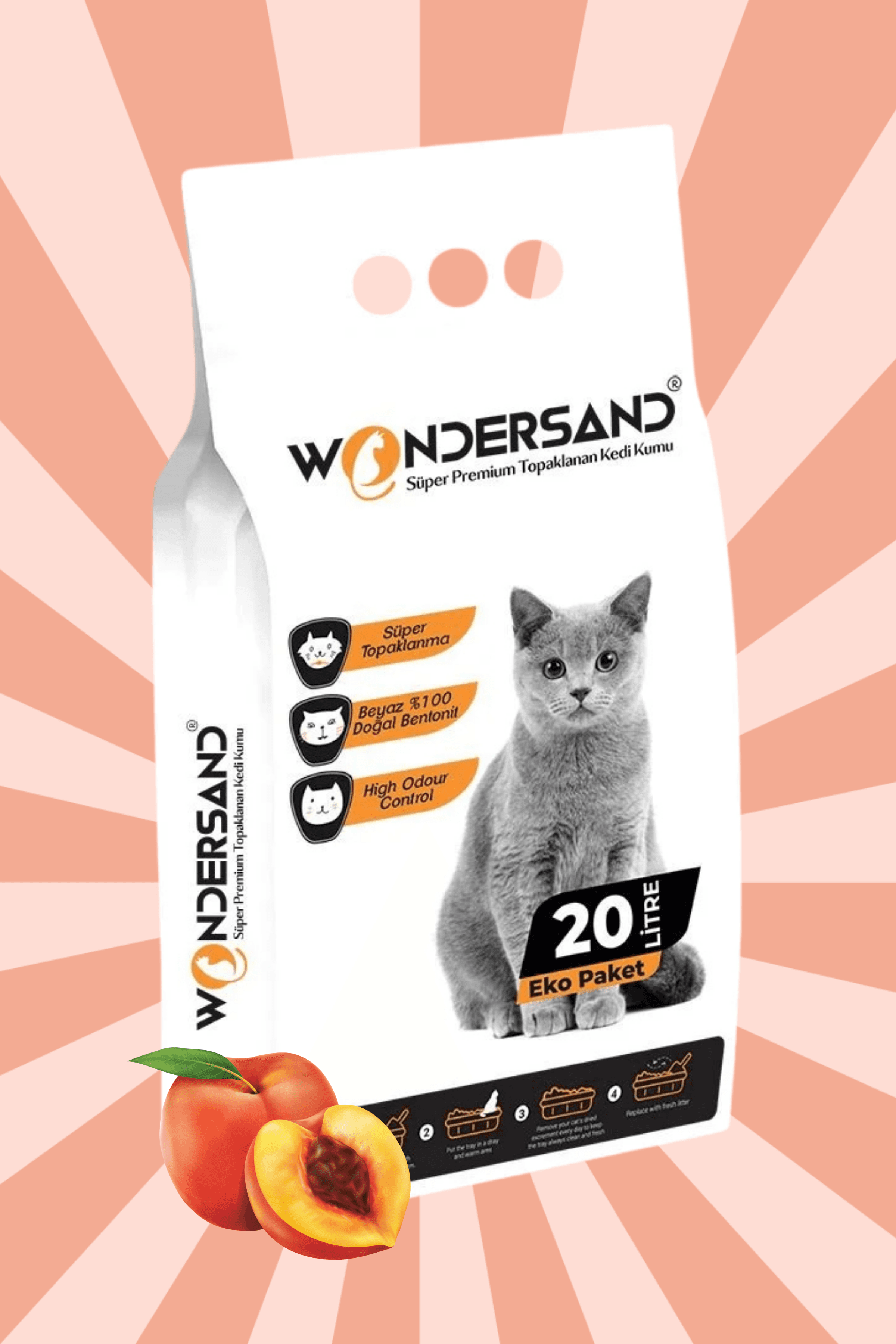 Wondersand 20 Lt Beyaz Bentonit İnce Tane ŞEFTALİ Kokulu Süper Topaklanan Premium Kedi Kumu