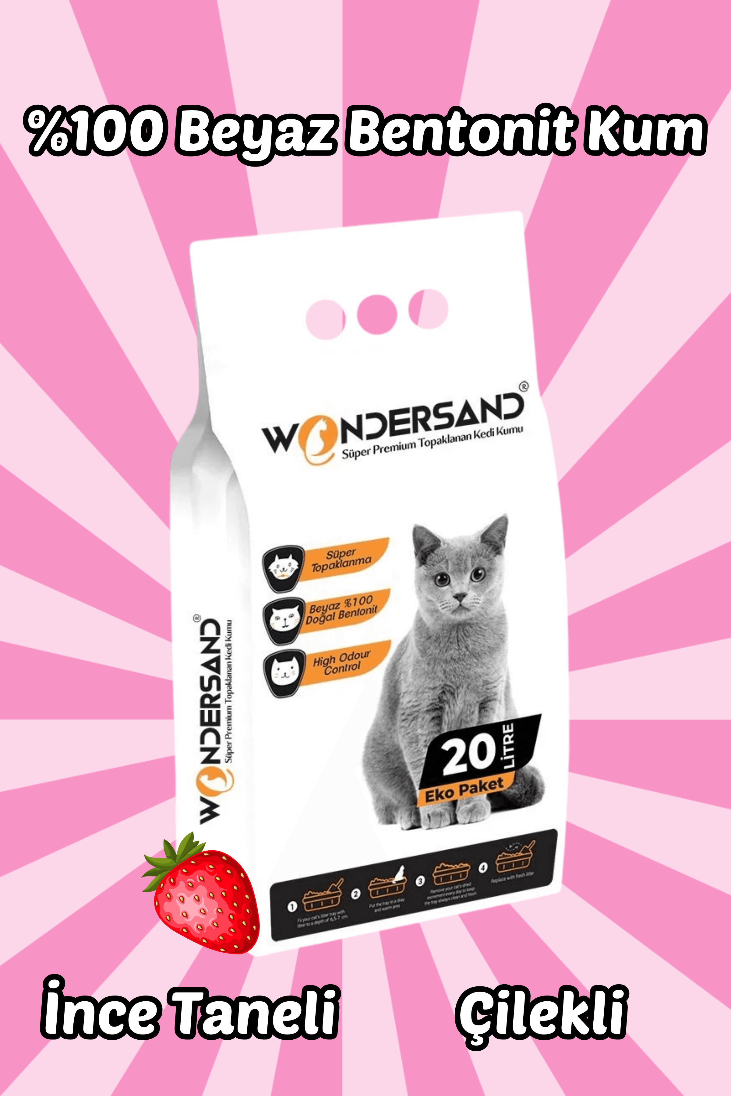 Wondersand 20 Lt Beyaz Bentonit İnce Tane ÇİLEK Kokulu Süper Topaklanan Premium Kedi Kumu