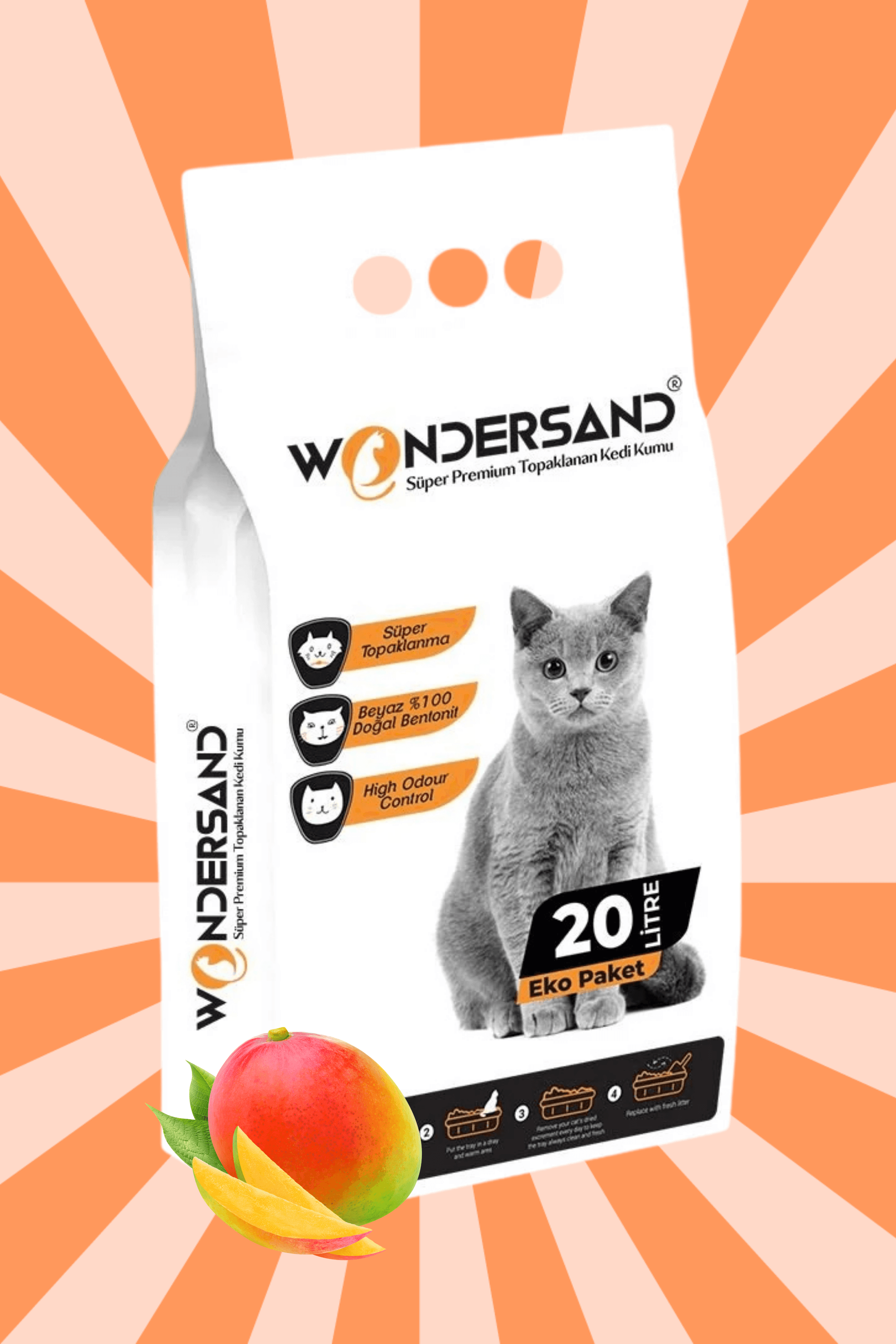 Wondersand 20 Lt Beyaz Bentonit İnce Tane MANGO Kokulu Süper Topaklanan Premium Kedi Kumu