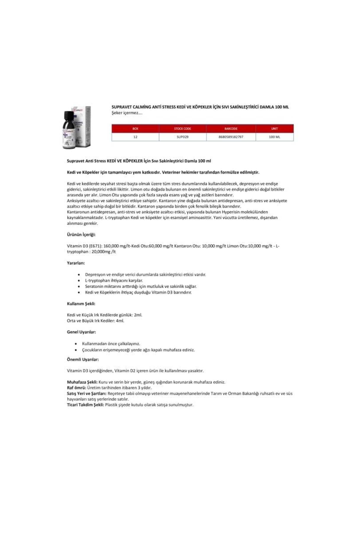 Supravet Calming Anti Stress Kedi ve Köpekler için Sıvı Sakinleştirici Damla 100 Ml