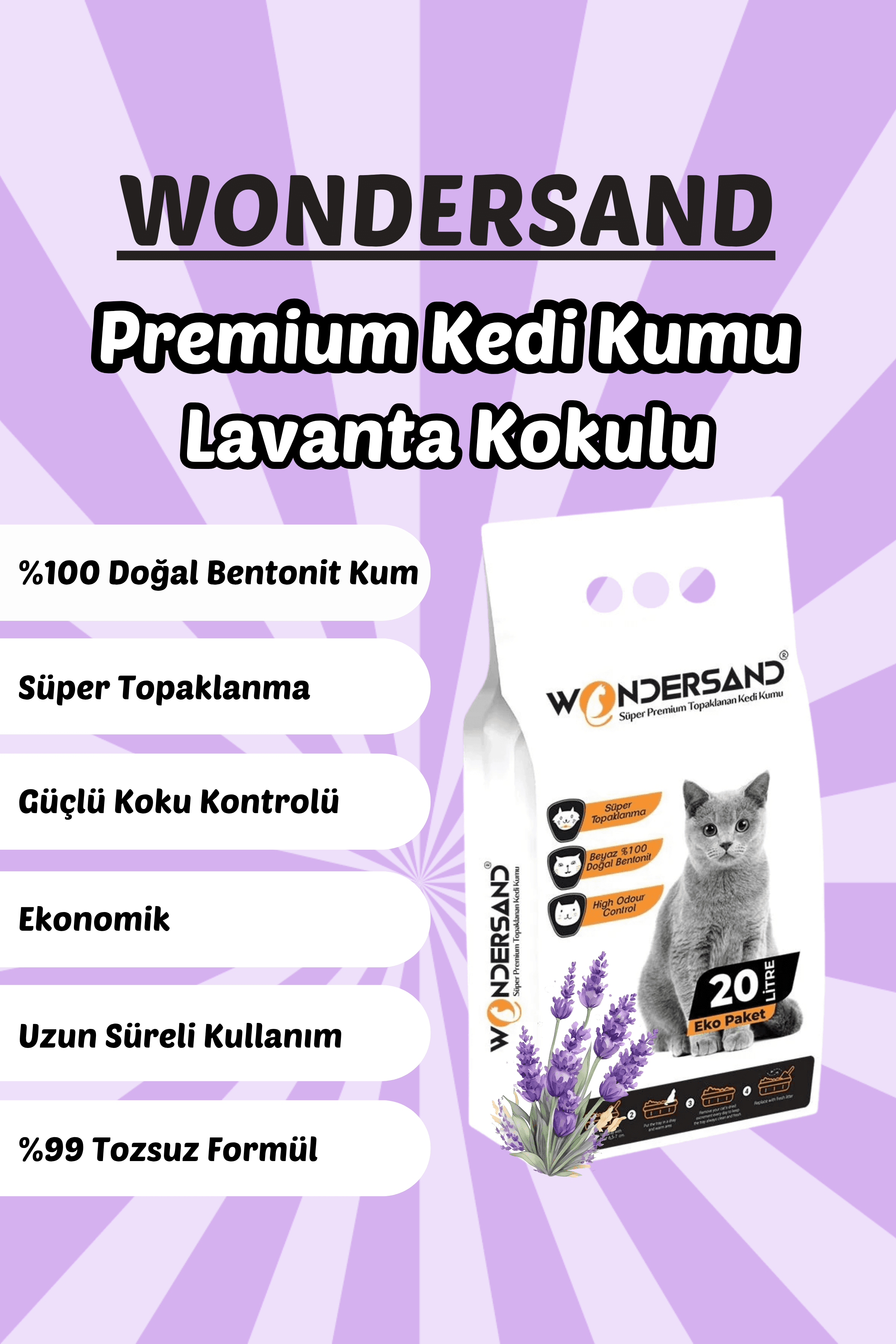 Wondersand 20 Lt Beyaz Bentonit KALIN Tane Lavanta Kokulu Süper Topaklanan Premium Kedi Kumu