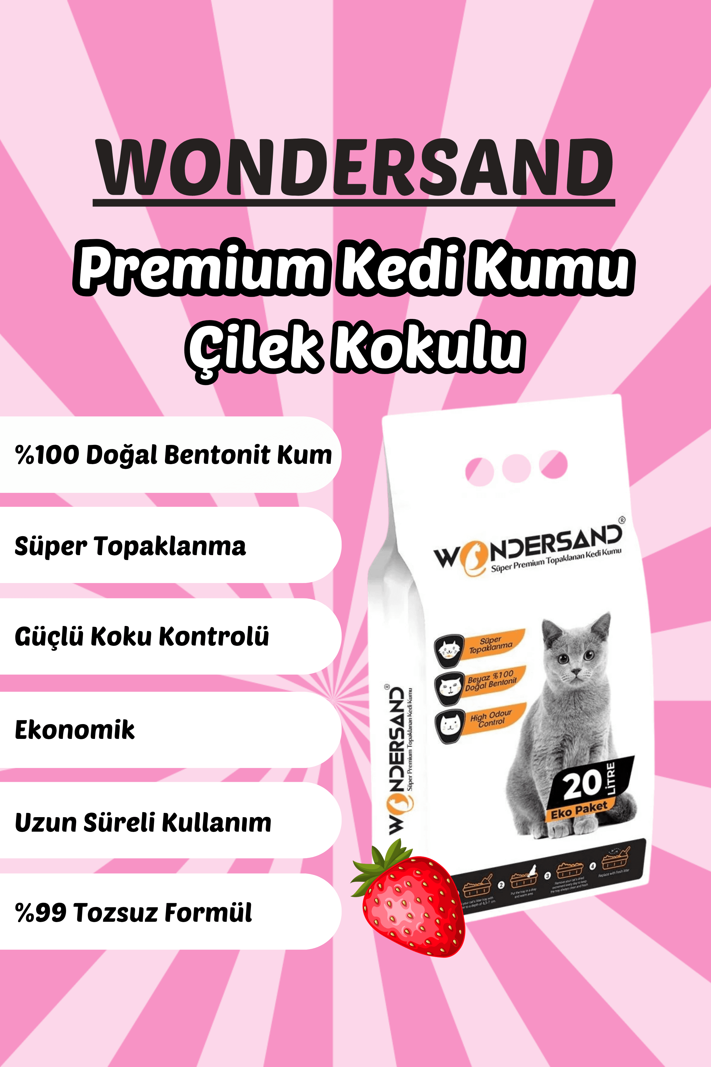Wondersand 20 Lt Beyaz Bentonit İnce Tane ÇİLEK Kokulu Süper Topaklanan Premium Kedi Kumu