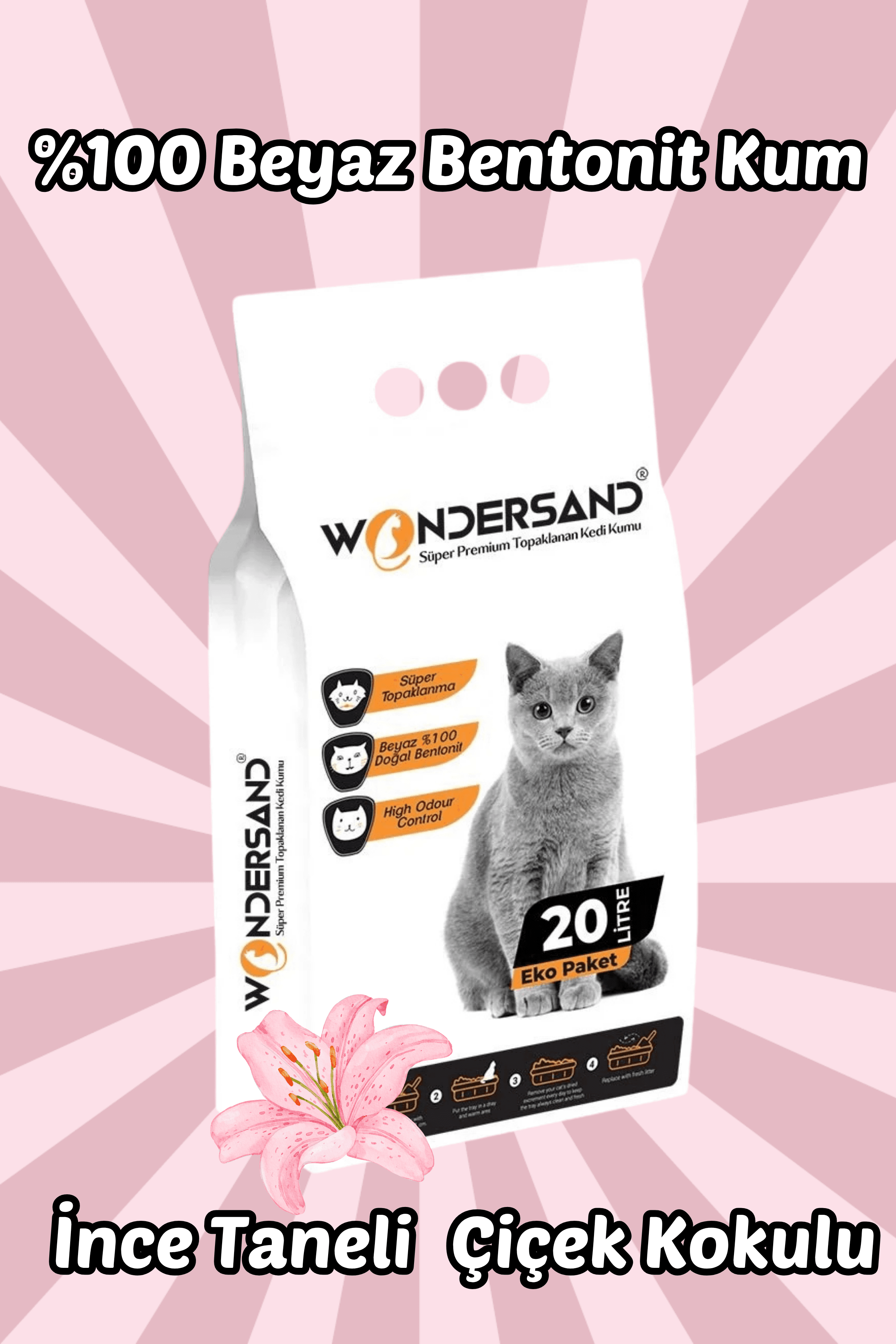 Wondersand 20 Lt Beyaz Bentonit İnce Tane Çiçek Kokulu Süper Topaklanan Premium Kedi Kumu