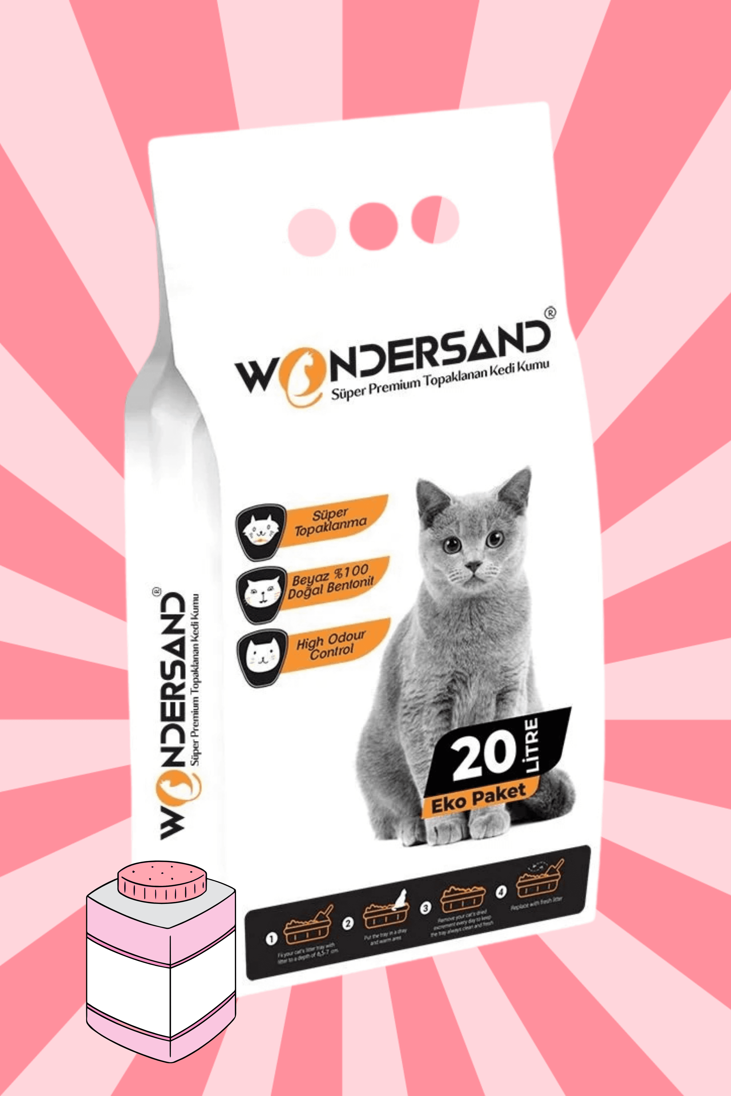 Wondersand 20 Lt Beyaz Bentonit İnce Tane Bebe Pudra Kokulu Süper Topaklanan Premium Kedi Kumu