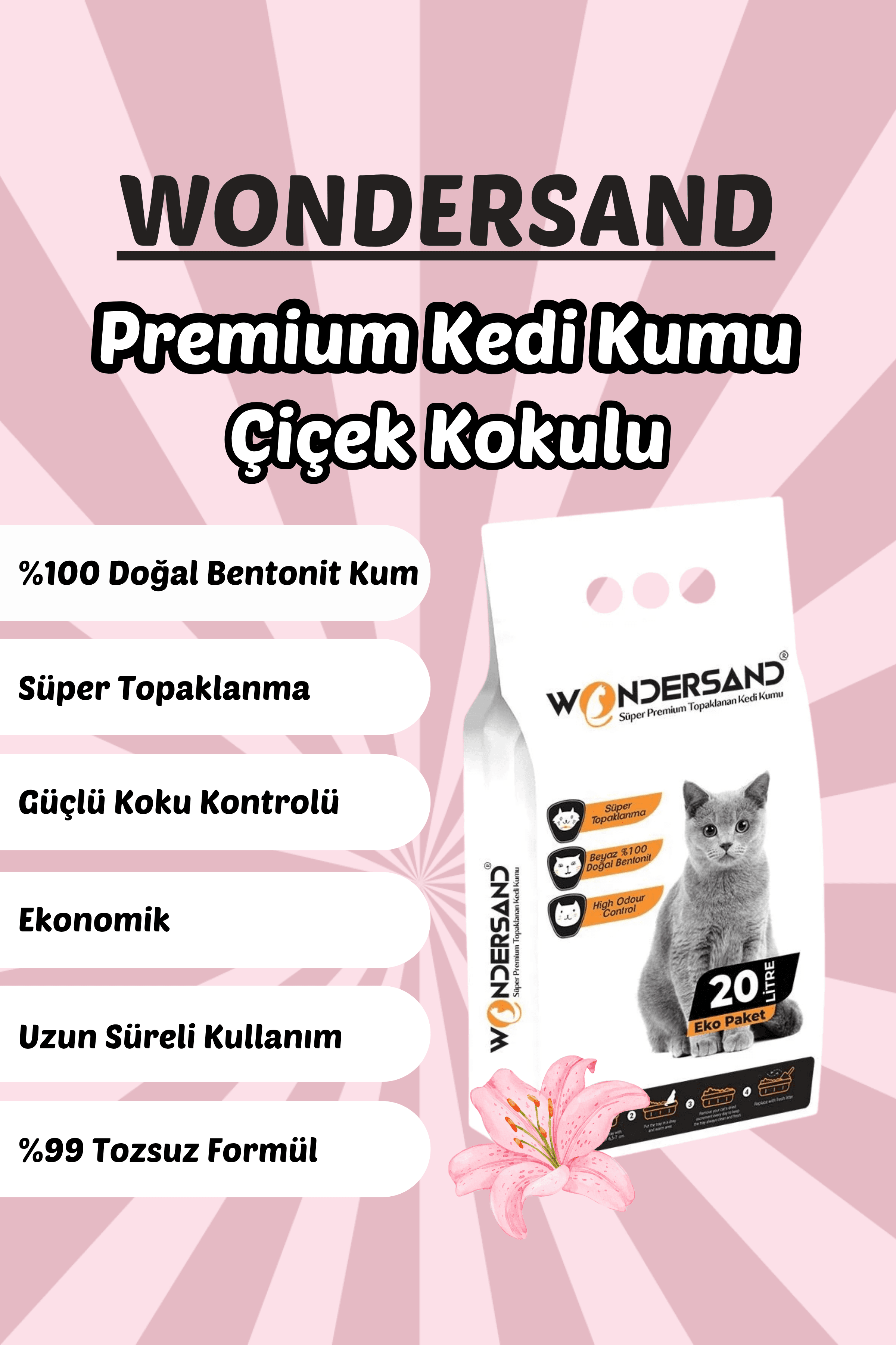 Wondersand 20 Lt Beyaz Bentonit İnce Tane Çiçek Kokulu Süper Topaklanan Premium Kedi Kumu