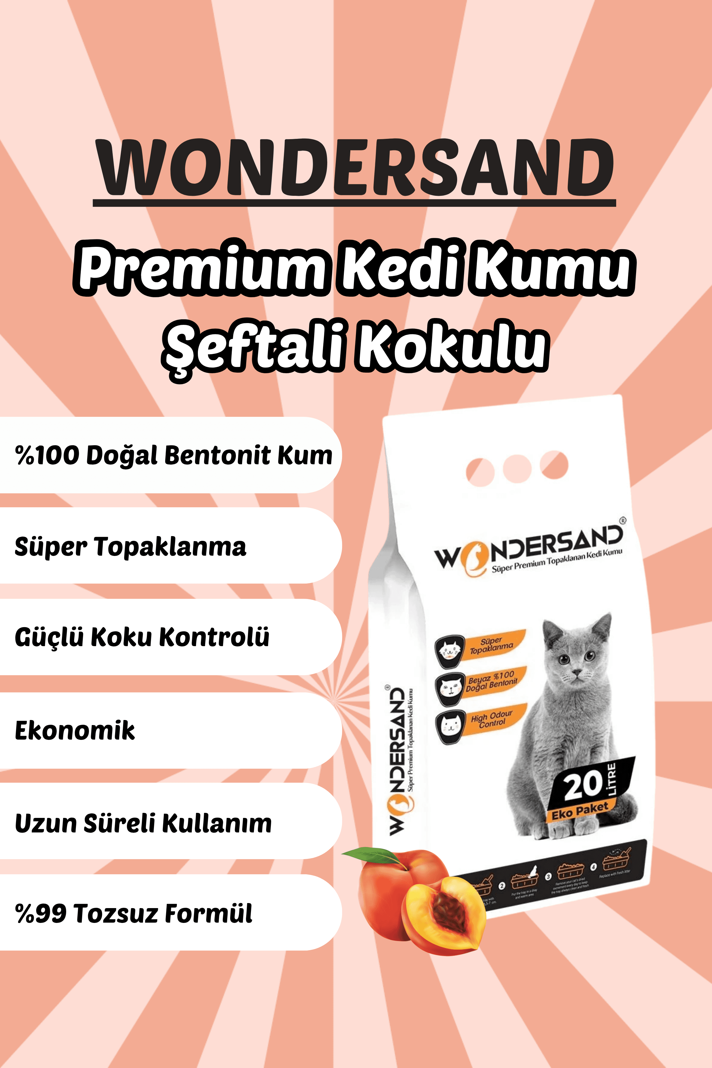 Wondersand 20 Lt Beyaz Bentonit İnce Tane ŞEFTALİ Kokulu Süper Topaklanan Premium Kedi Kumu