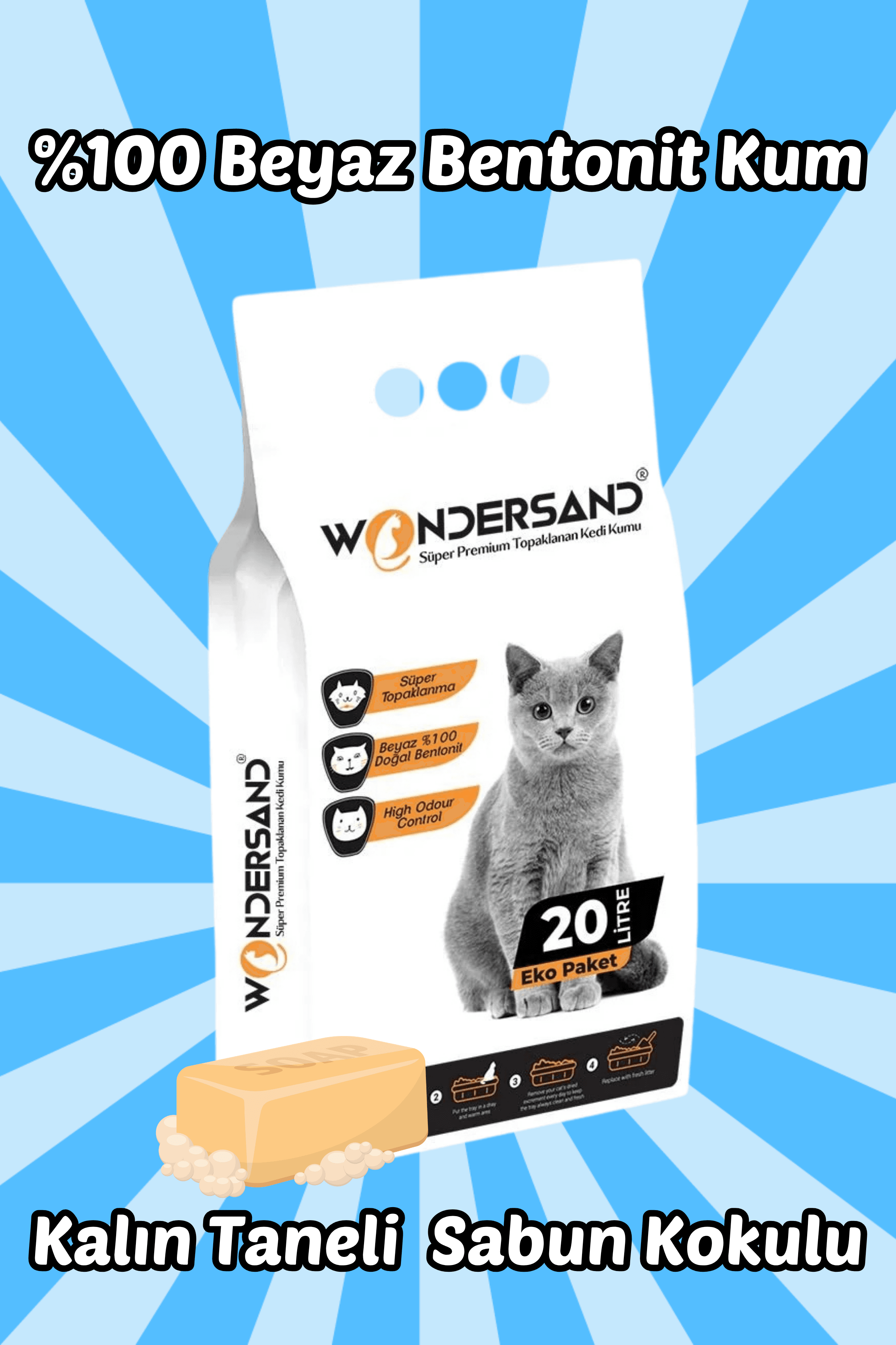 Wondersand 20 Lt Beyaz Bentonit KALIN Tane Sabun Kokulu Süper Topaklanan Premium Kedi Kumu
