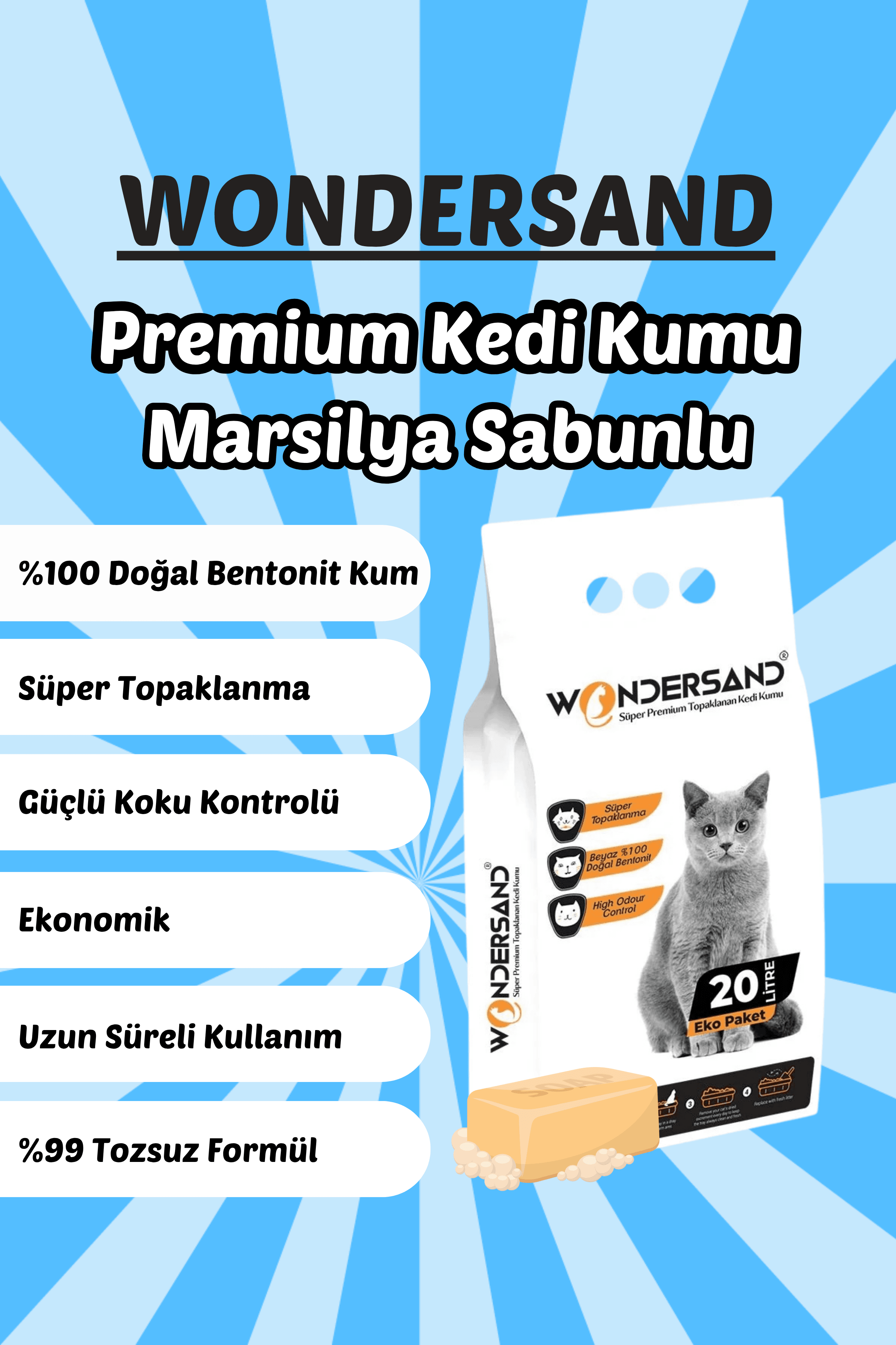 Wondersand 20 Lt Beyaz Bentonit KALIN Tane Sabun Kokulu Süper Topaklanan Premium Kedi Kumu