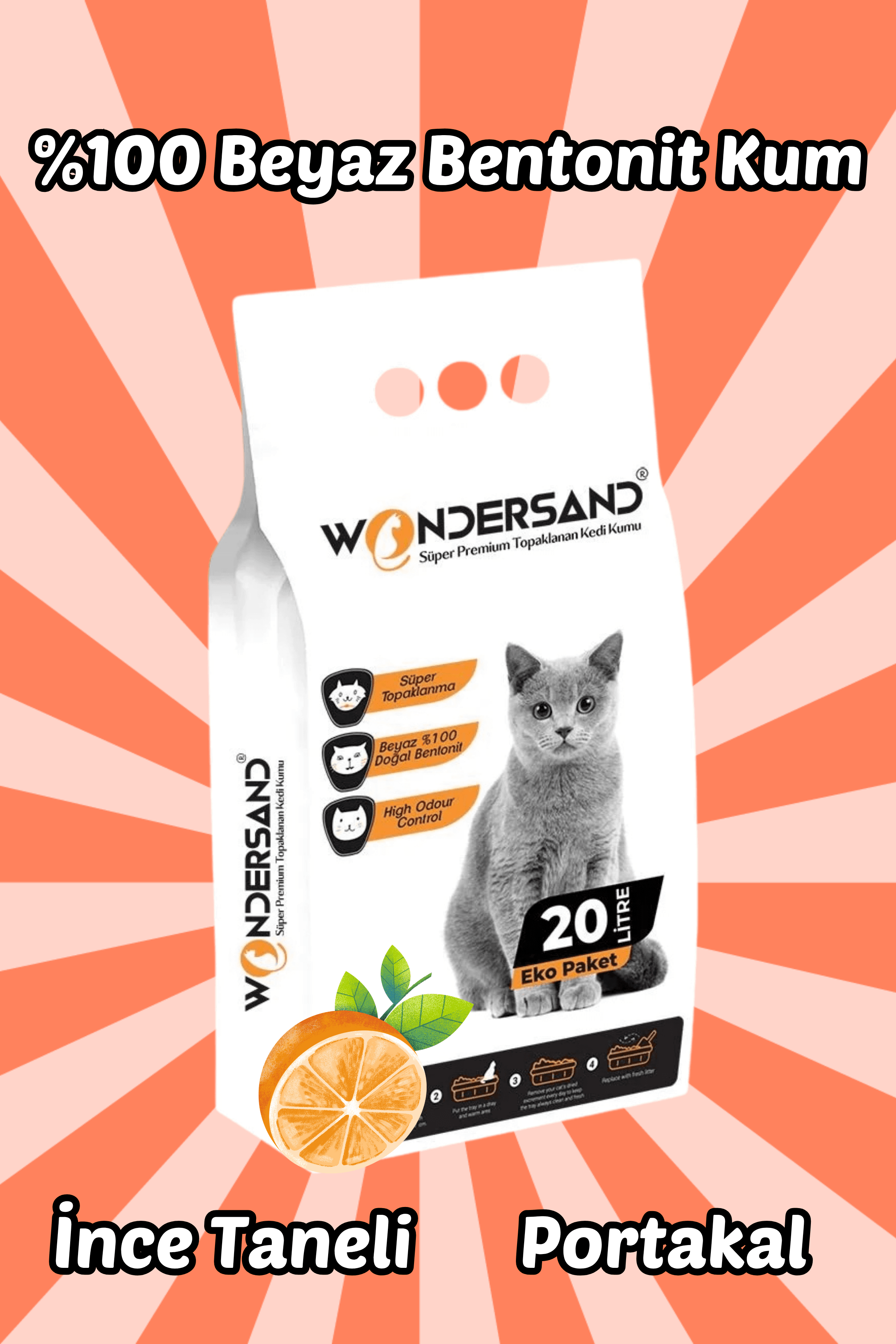 Wondersand 20 Lt Beyaz Bentonit İnce Tane Portakal Kokulu Süper Topaklanan Premium Kedi Kumu