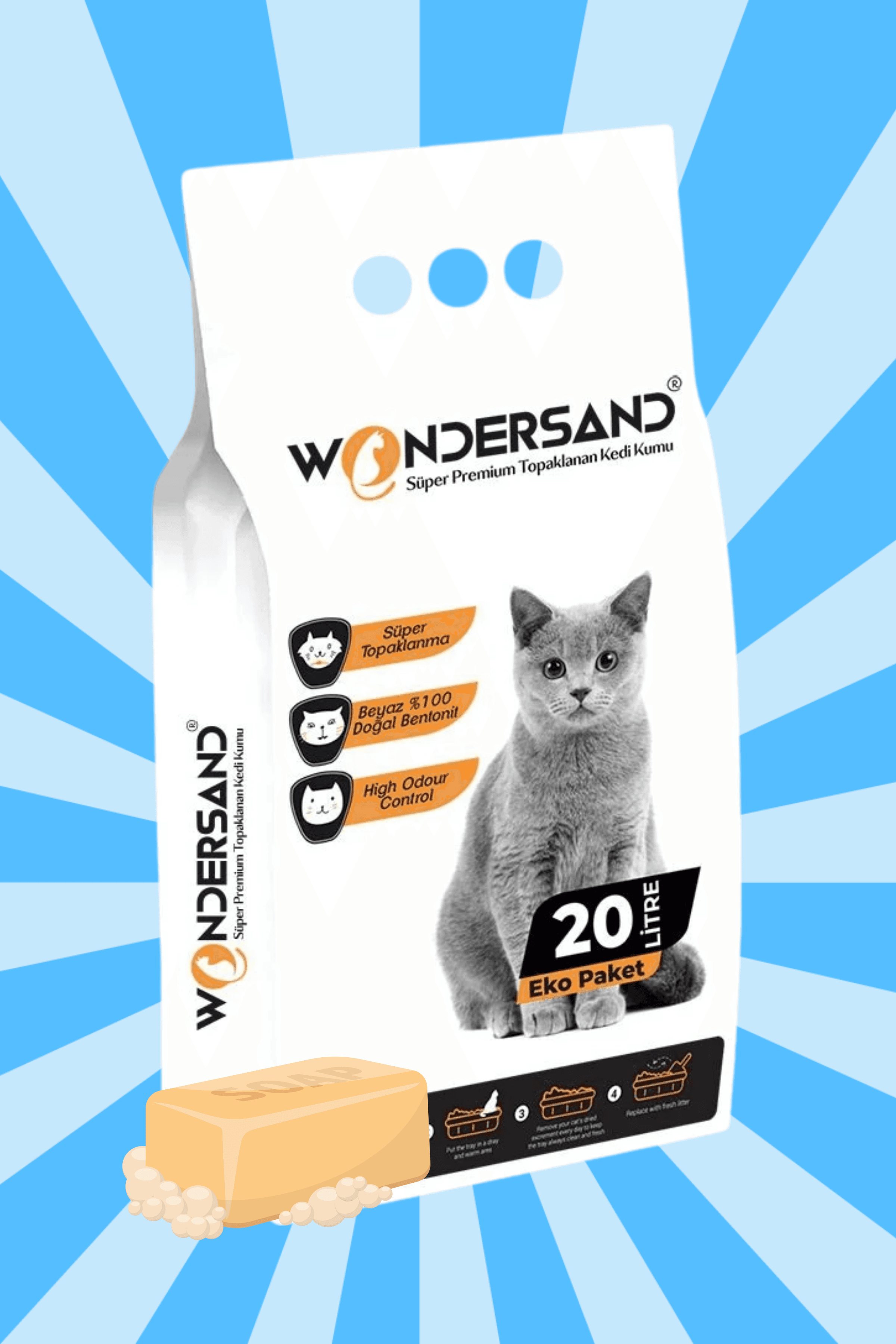 Wondersand 20 Lt Beyaz Bentonit KALIN Tane Sabun Kokulu Süper Topaklanan Premium Kedi Kumu