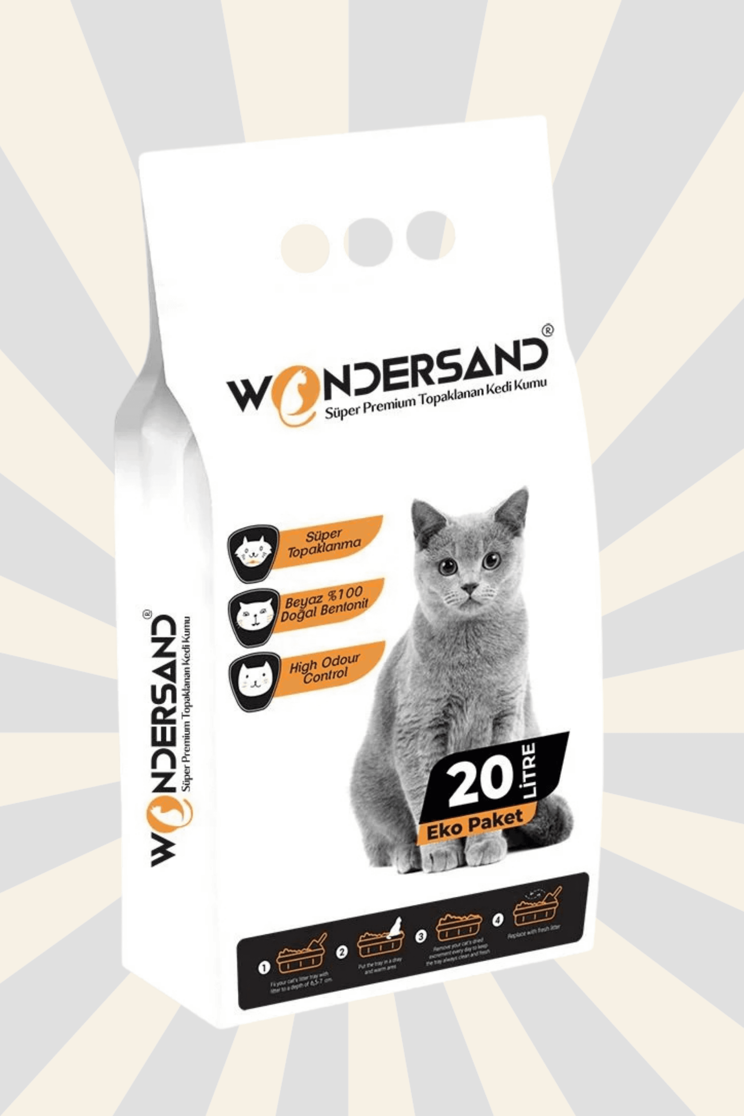 Wondersand 20 Lt Beyaz Bentonit İnce Tane Kokusuz Süper Topaklanan Premium Kedi Kumu