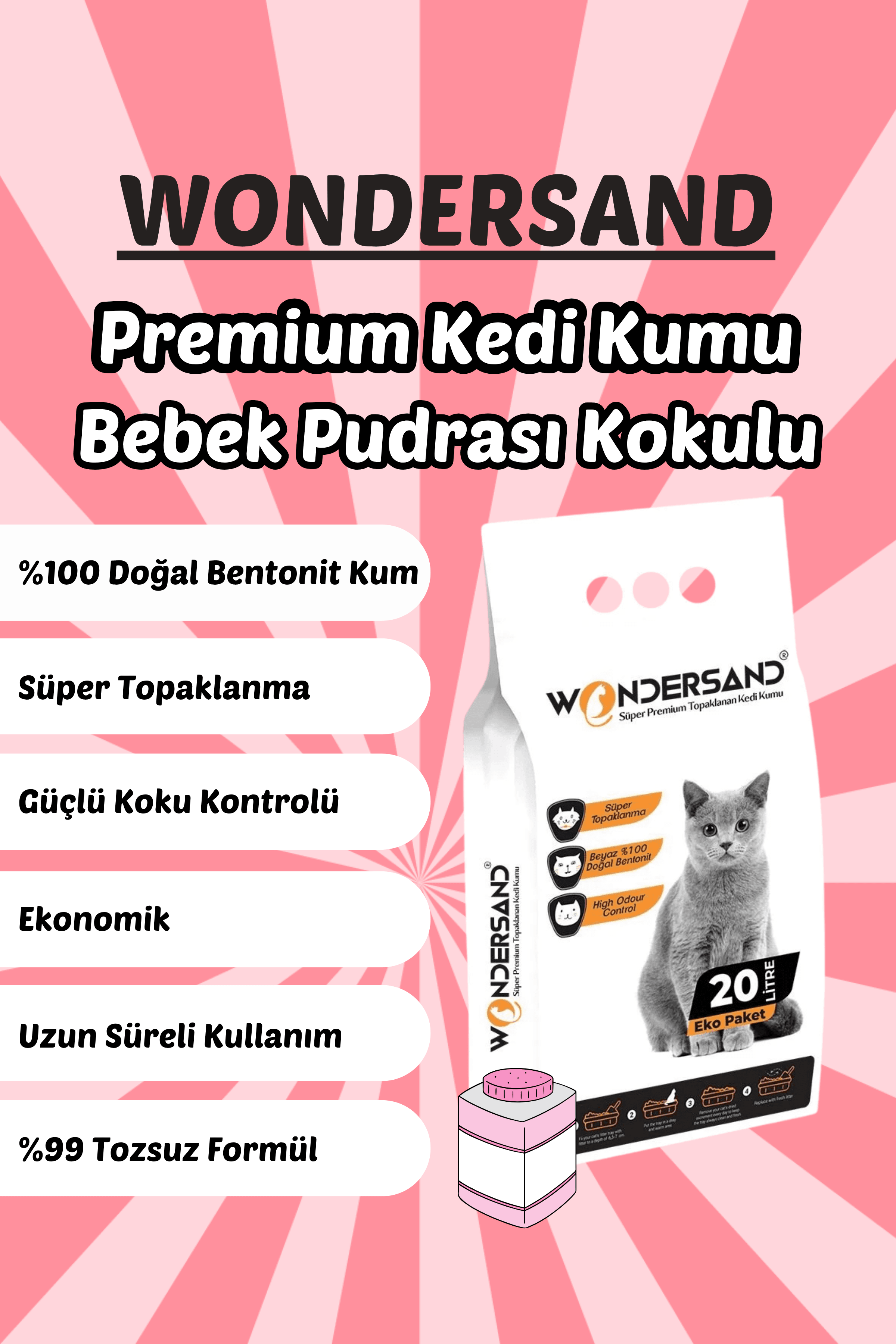 Wondersand 20 Lt Beyaz Bentonit KALIN Tane Pudra Kokulu Süper Topaklanan Premium Kedi Kumu