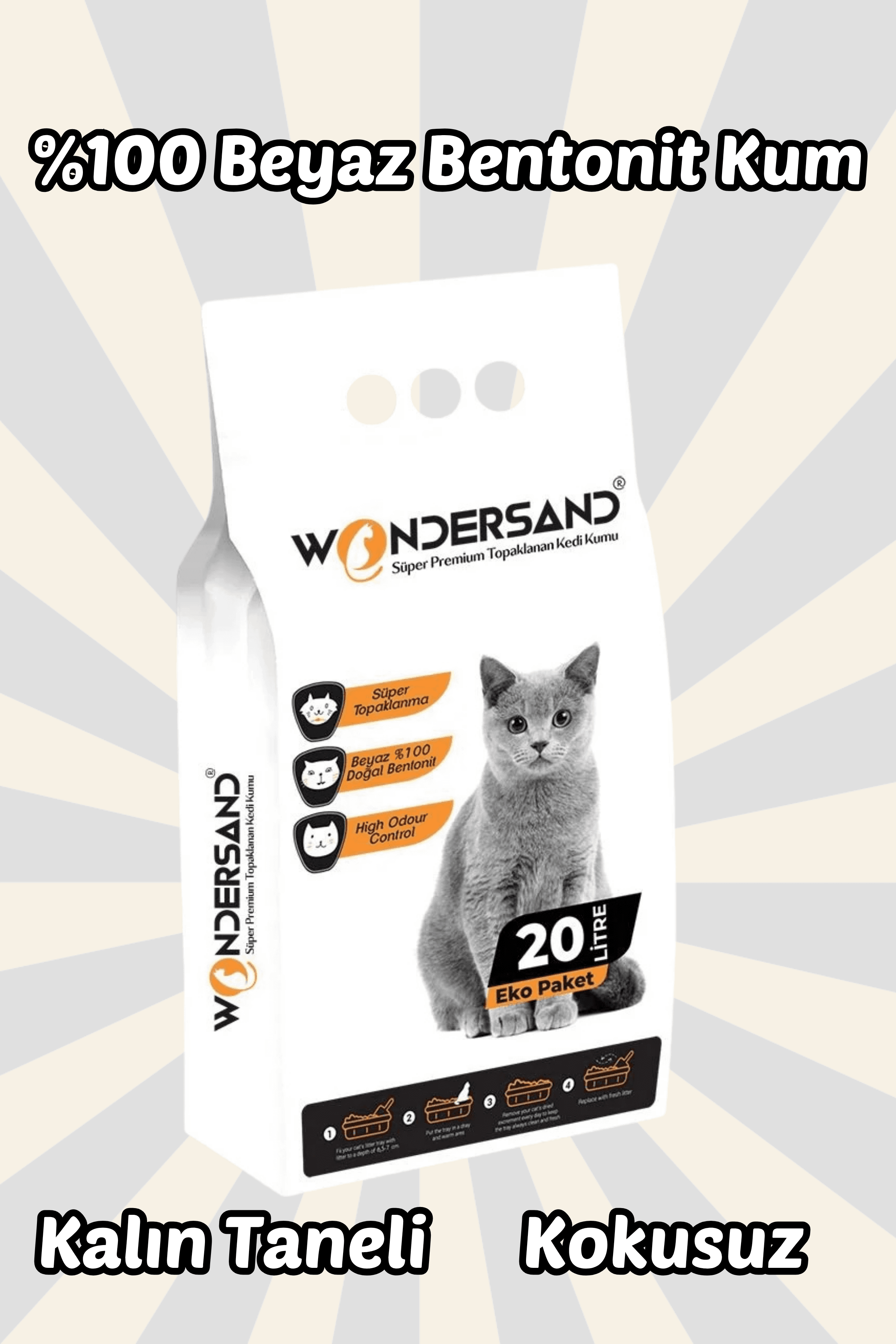 Wondersand 20 Lt Beyaz Bentonit KALIN Tane Kokusuz Süper Topaklanan Premium Kedi Kumu
