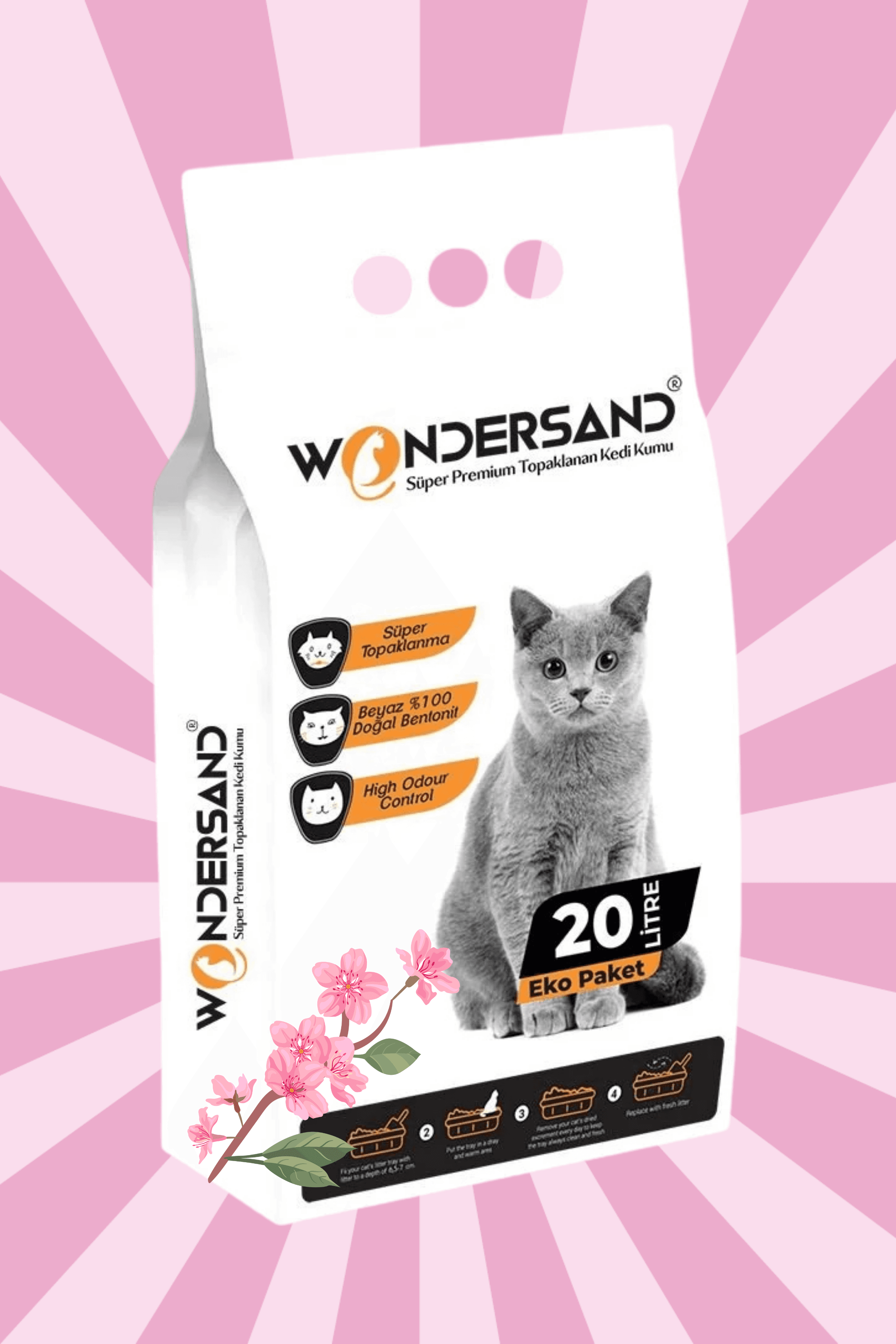Wondersand 20 Lt Beyaz Bentonit İnce Tane JAPON KİRAZI Kokulu Süper Topaklanan Premium Kedi Kumu